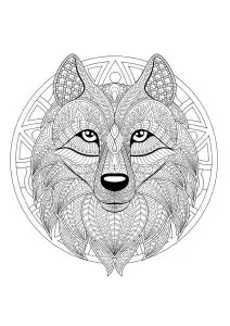 Mandala with geometric patterns and Wolf head full of complex details