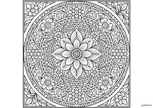 Complex Floral Mandala. A captivating mandala centered on an exuberant flower, surrounded by rings of detailed motifs. Its perfect radial symmetry offers a soothing, meditative coloring experience. Complex floral mandala
