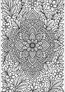 Geometric Zen Mandala. Immerse yourself in a soothing composition combining precise geometric motifs and stylized natural elements. This intricate work invites meditation through the interplay of shapes and harmonious curves. Geometric zen mandala