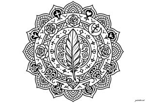 Mandala with esoteric tattoo. An intricate mandala inspired by tattoo art, blending a central skull with roses and tribal motifs. Its perfect symmetry and clean lines make it a precision challenge for enthusiasts. Mandala with esoteric tattoo