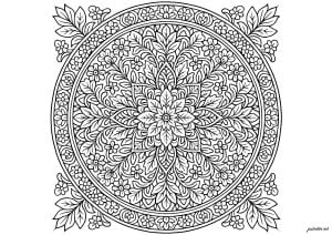 Natural Mandala Complex. A meditative work with intertwining motifs of leaves and flowers, organized in perfect concentric circles. Its radial symmetry and meticulous detail make it a soothing challenge for precision enthusiasts. Natural mandala complex