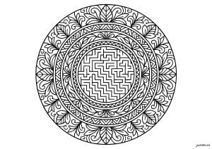Meditative Labyrinth. A complex mandala combining a central labyrinth with rings of geometric and natural motifs. Perfect for deep concentration and creative relaxation. Meditative labyrinth