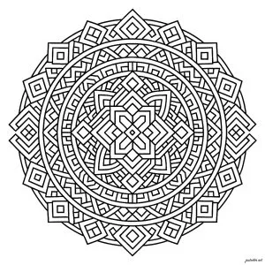 Concentric mandala with perfect symmetry. A highly complex concentric mandala unfolds into 16 sections of perfect radial symmetry. At its heart, a central geometric motif extends into 4 rings of alternating shapes, with clean, closed lines.