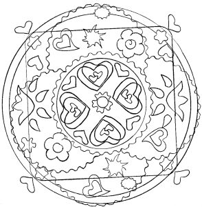 Coloring page adult hearts and flowers mandala