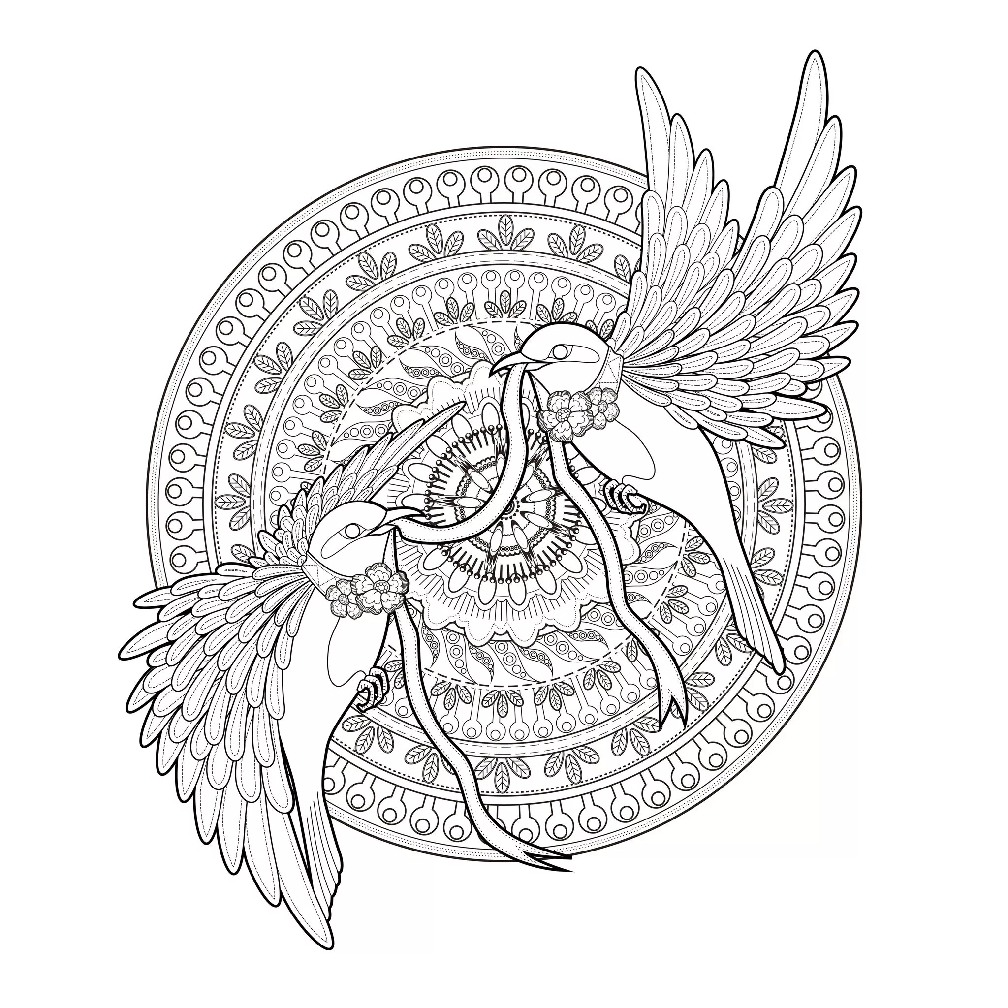 Mandala two golondrinas and cinta by kchung (Printable Coloring Page for adults)
