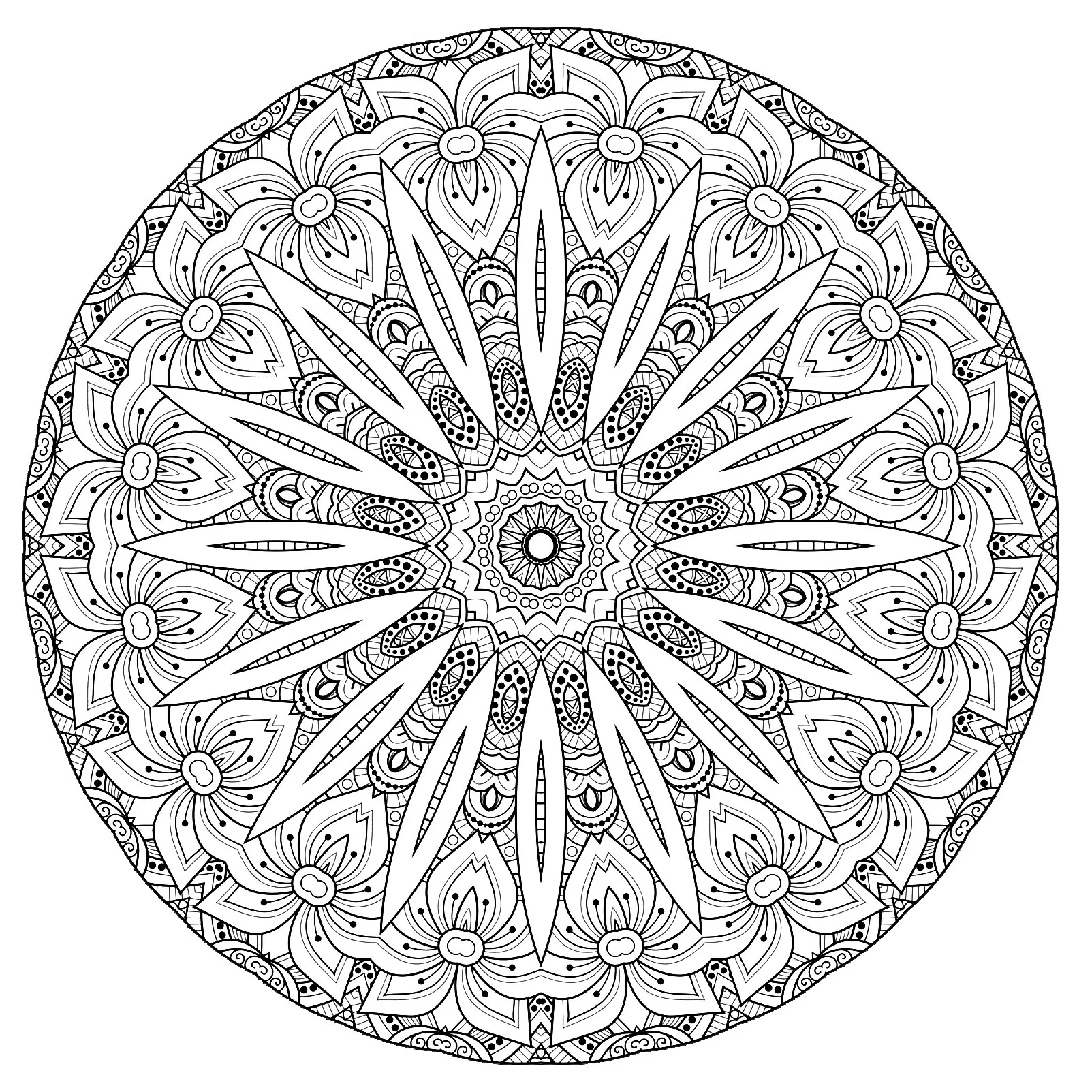 Complex Mandala with flowers (Printable Coloring Page for adults)