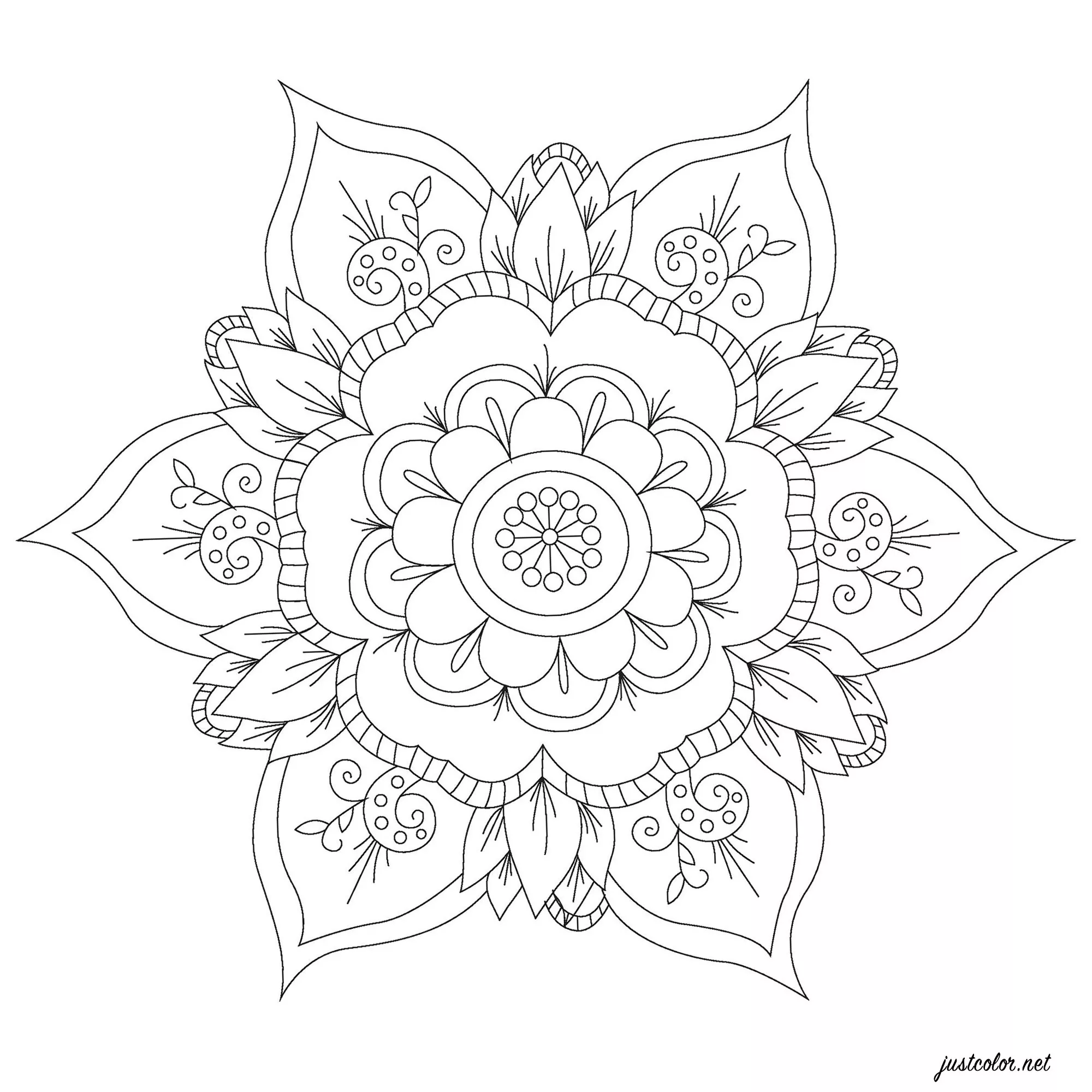 Simple Mandala with flowers petals (Printable Coloring Page for adults)