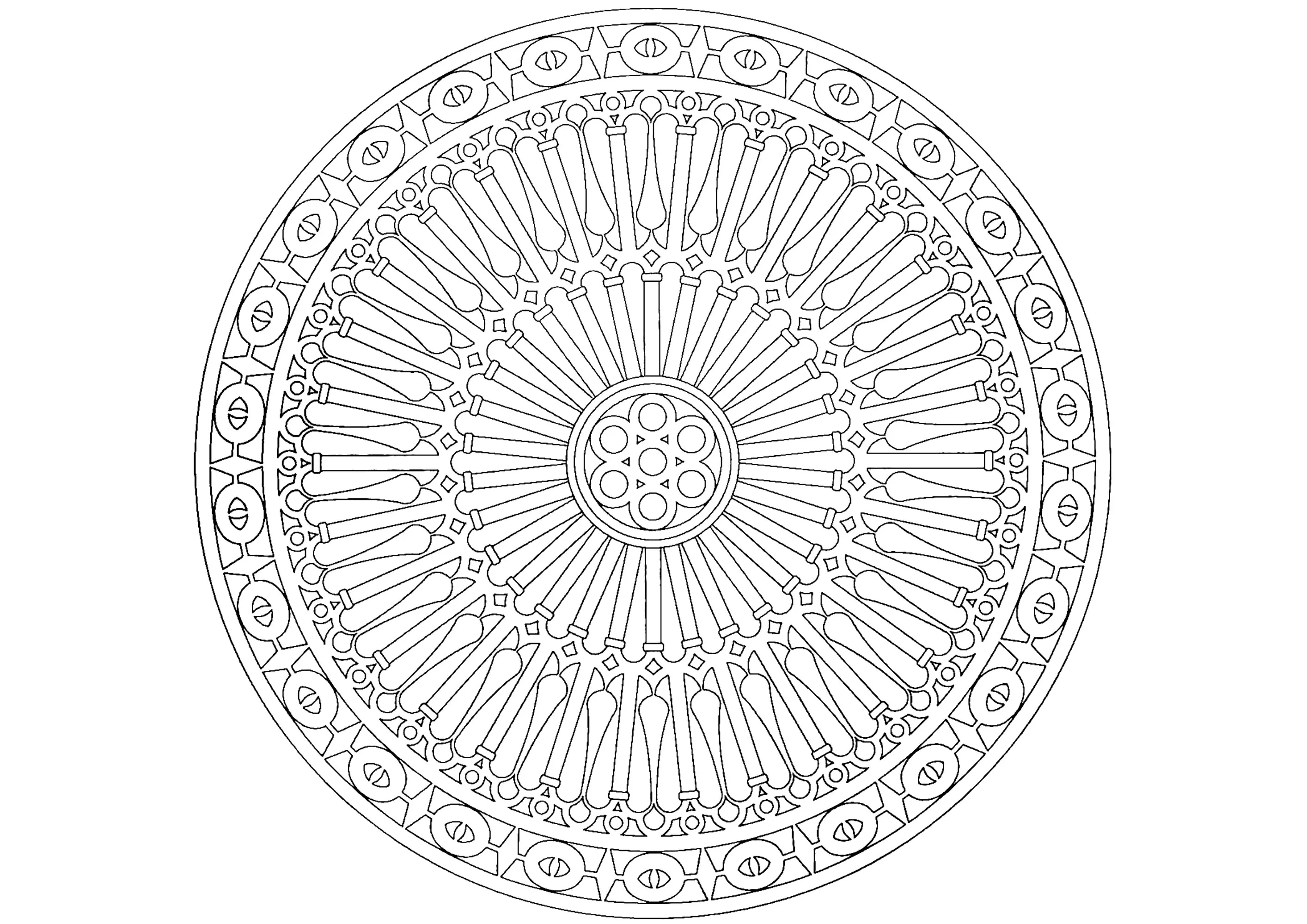 Cathedral-inspired rose window (complex) (Printable Mandalas Coloring Page for adults)