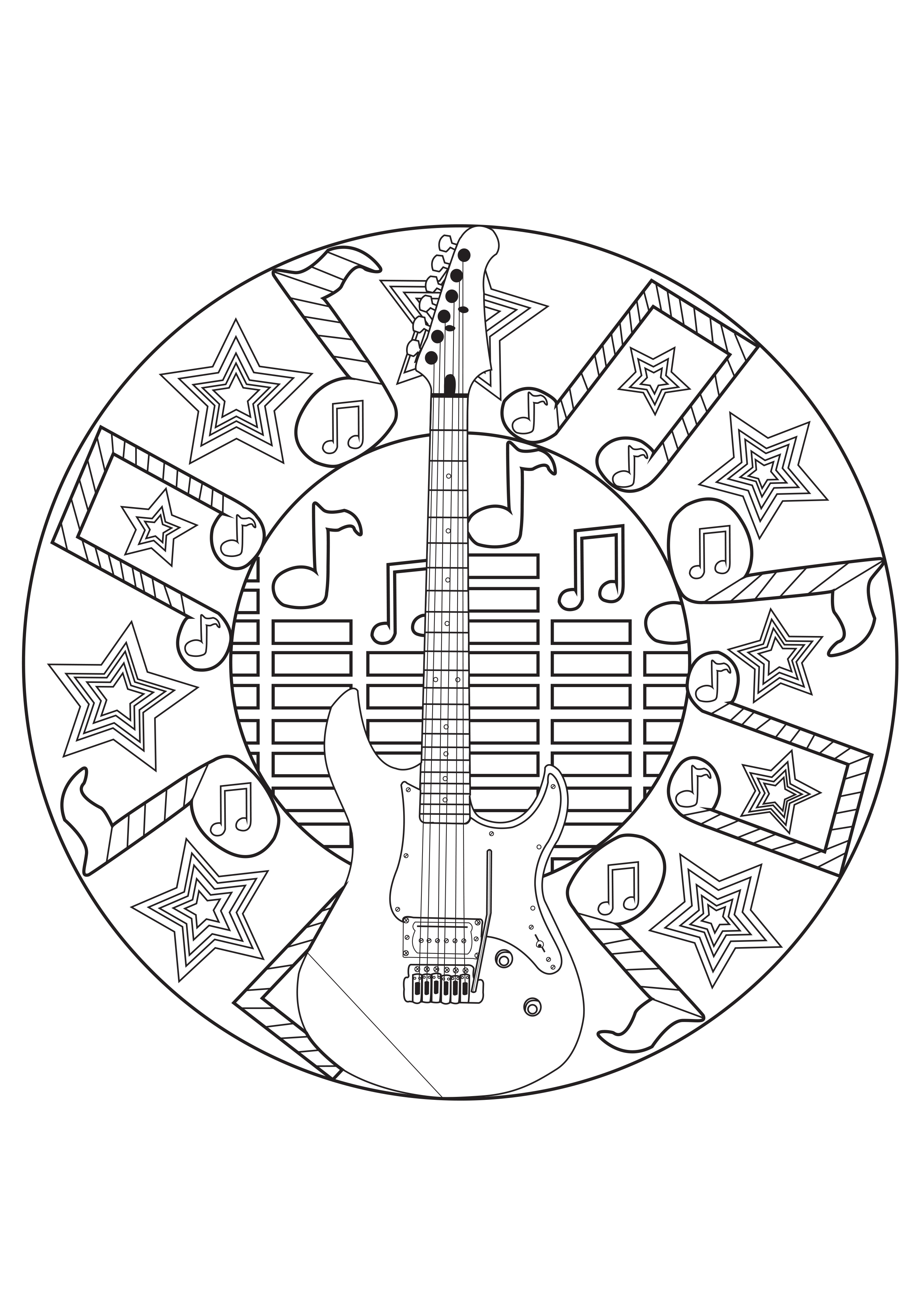 A Rockn'roll Mandala for a coloring page dedicated to music, Artist : Allan