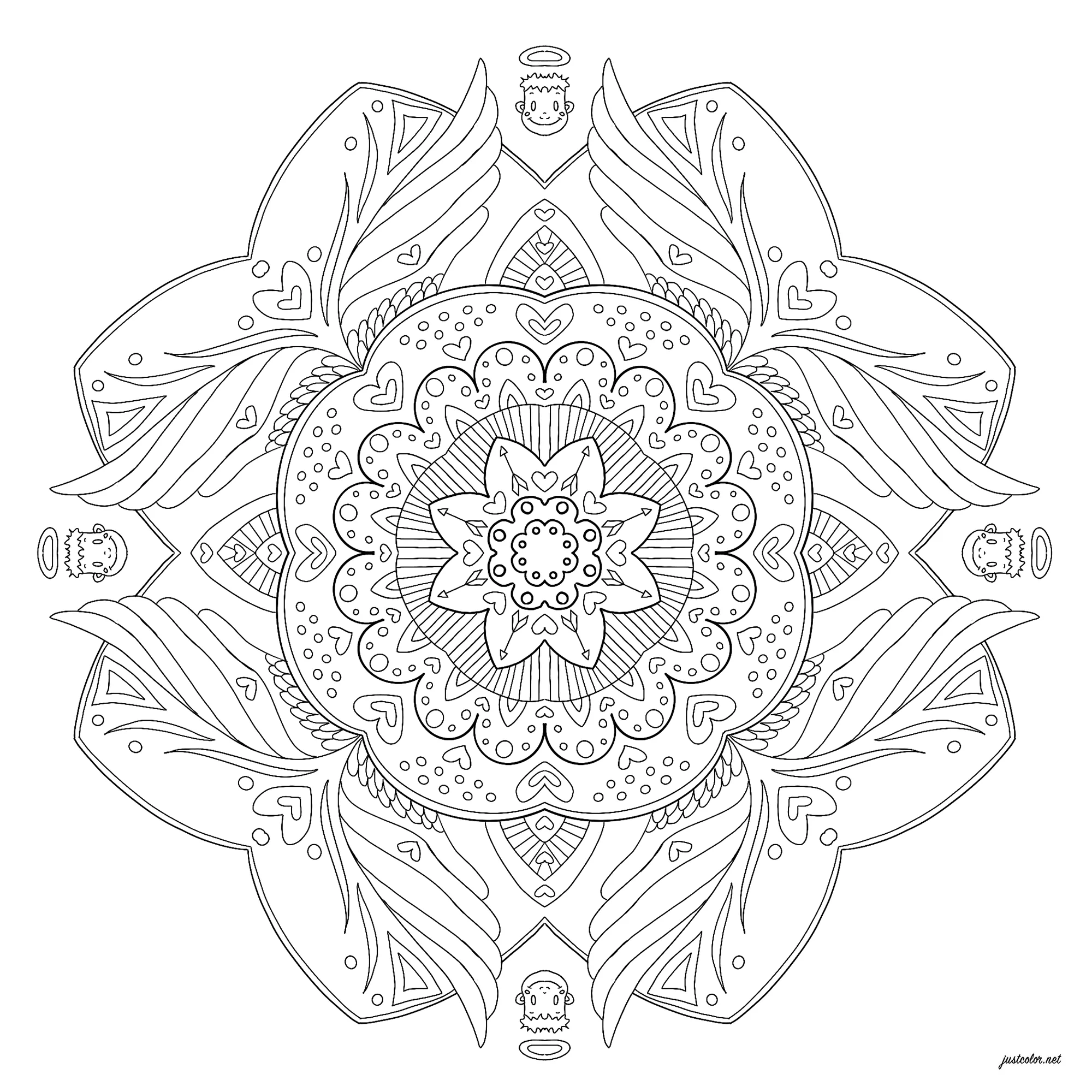 Mandala with little angels (Printable Coloring Page for adults)