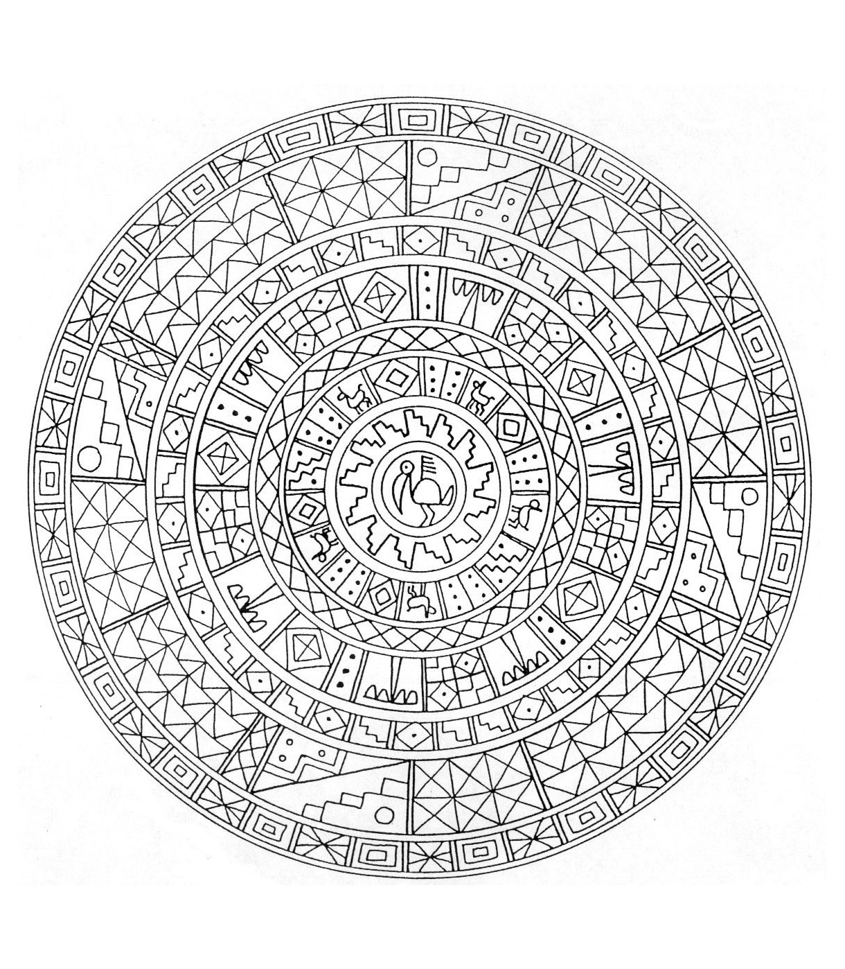 The Mandala has made us think about the Aztecs or Incas patterns, with all its very little details. A coloring page to print without delay