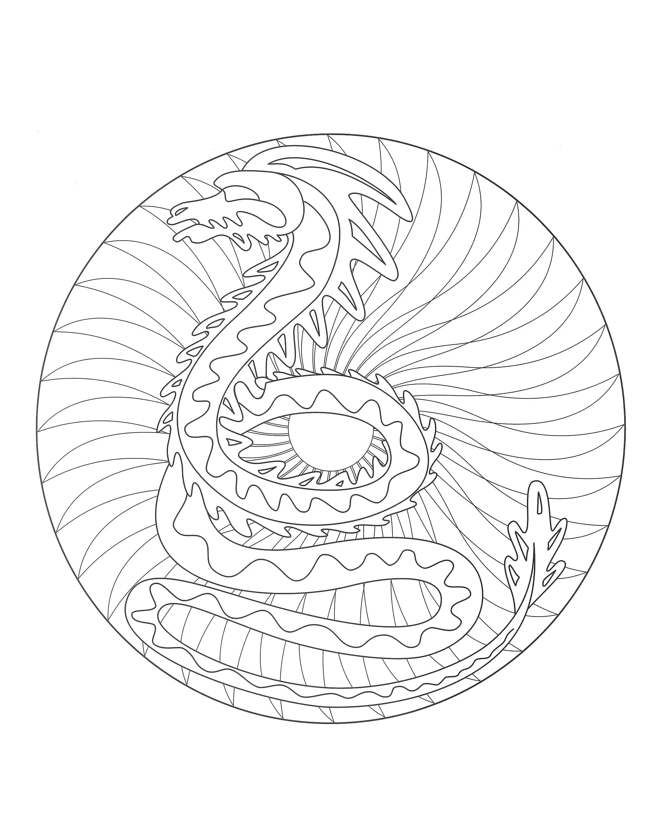 Mandala dragon - 2 (Printable Coloring Page for adults)
