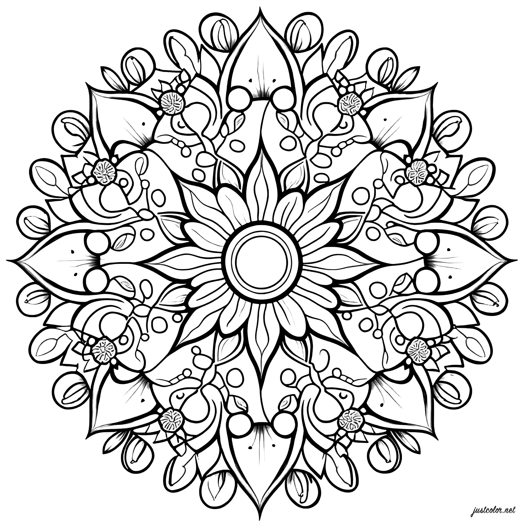This coloring is a beautiful mandala with flowers and harmonious plant patterns. It is composed of several concentric zones that intersect, each consisting of flowers and leaves with delicate patterns.