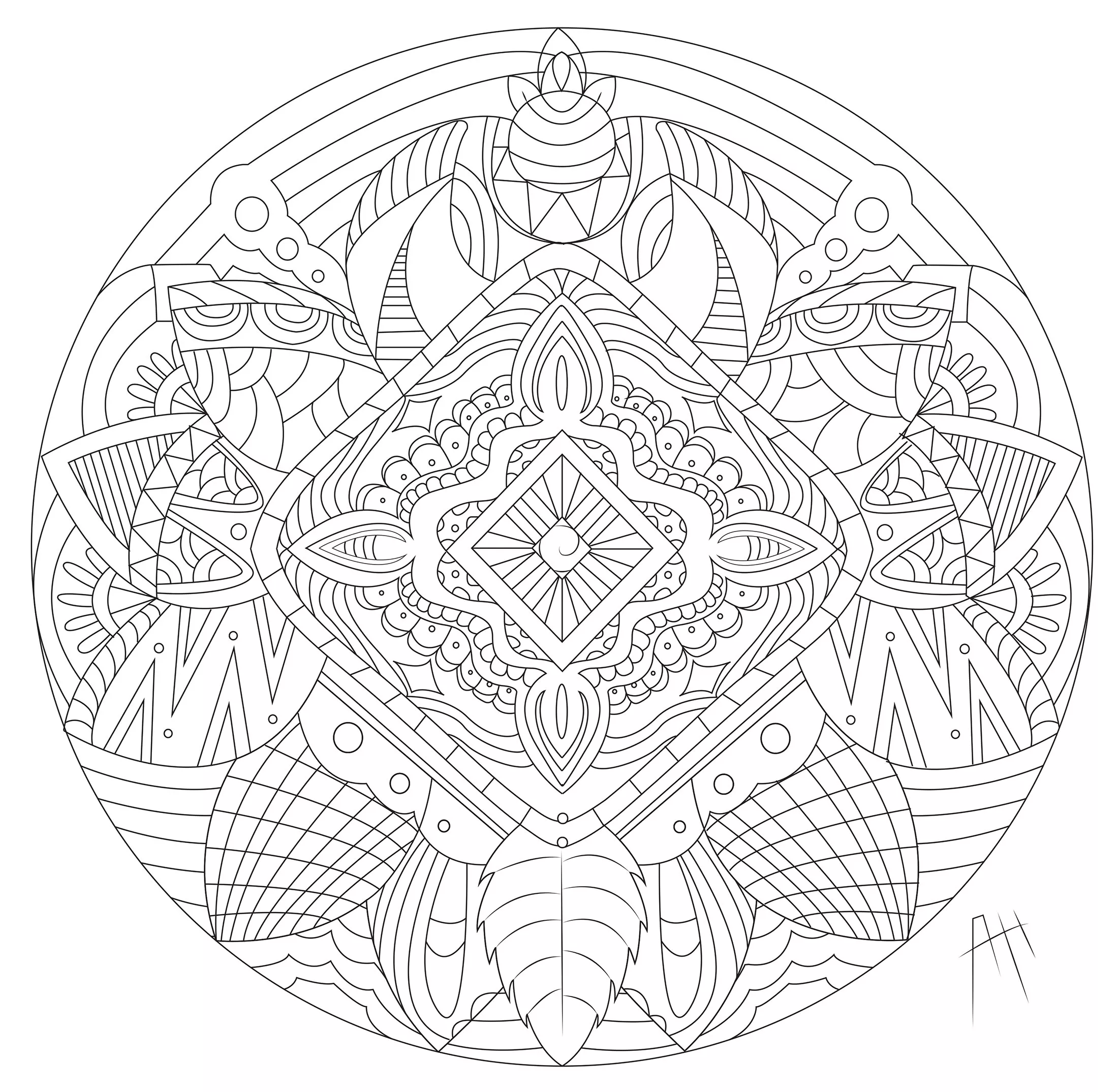 Mandala with Flowers and Feathers (Printable Coloring Page for adults)