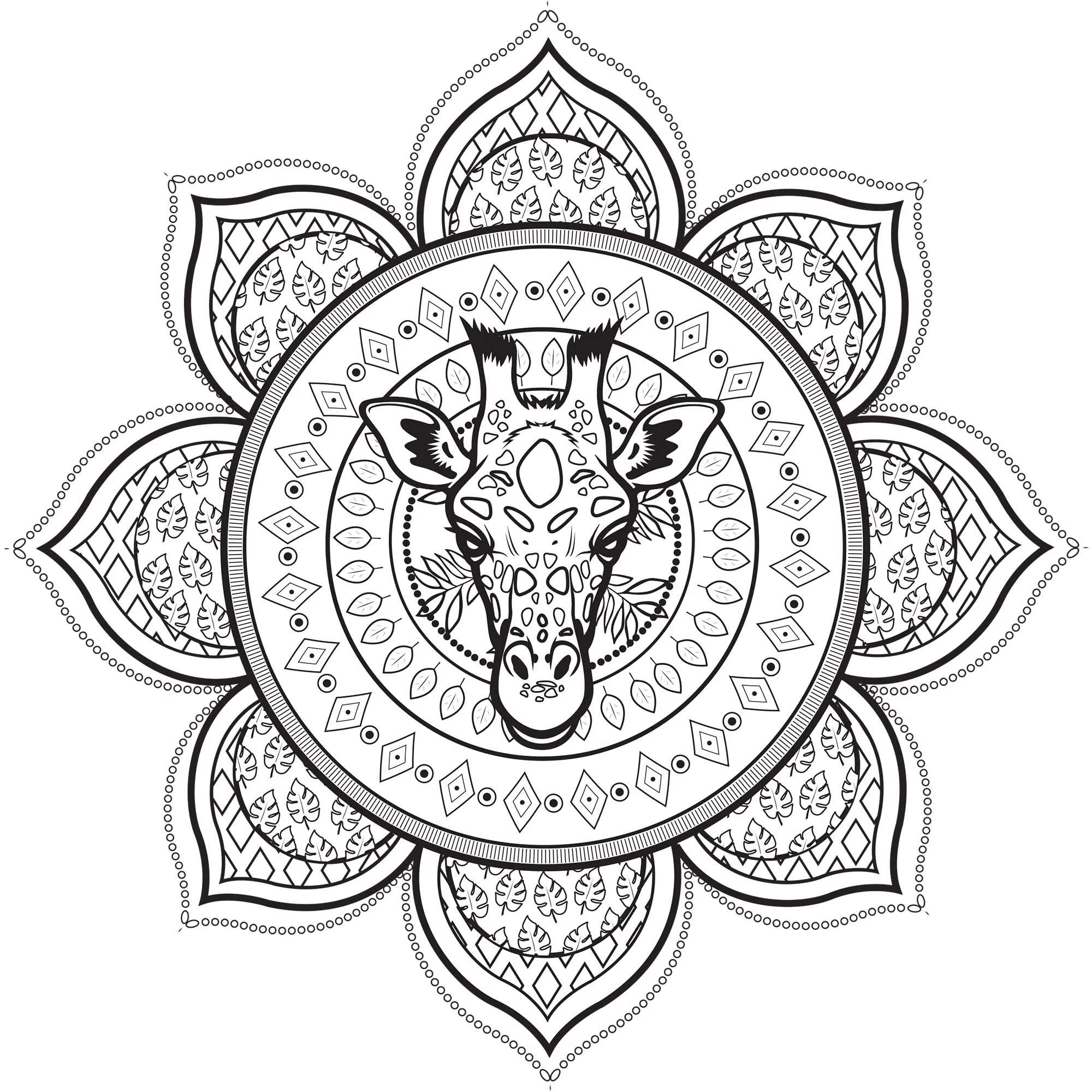 Mandala with Giraffe (Printable Coloring Page for adults)