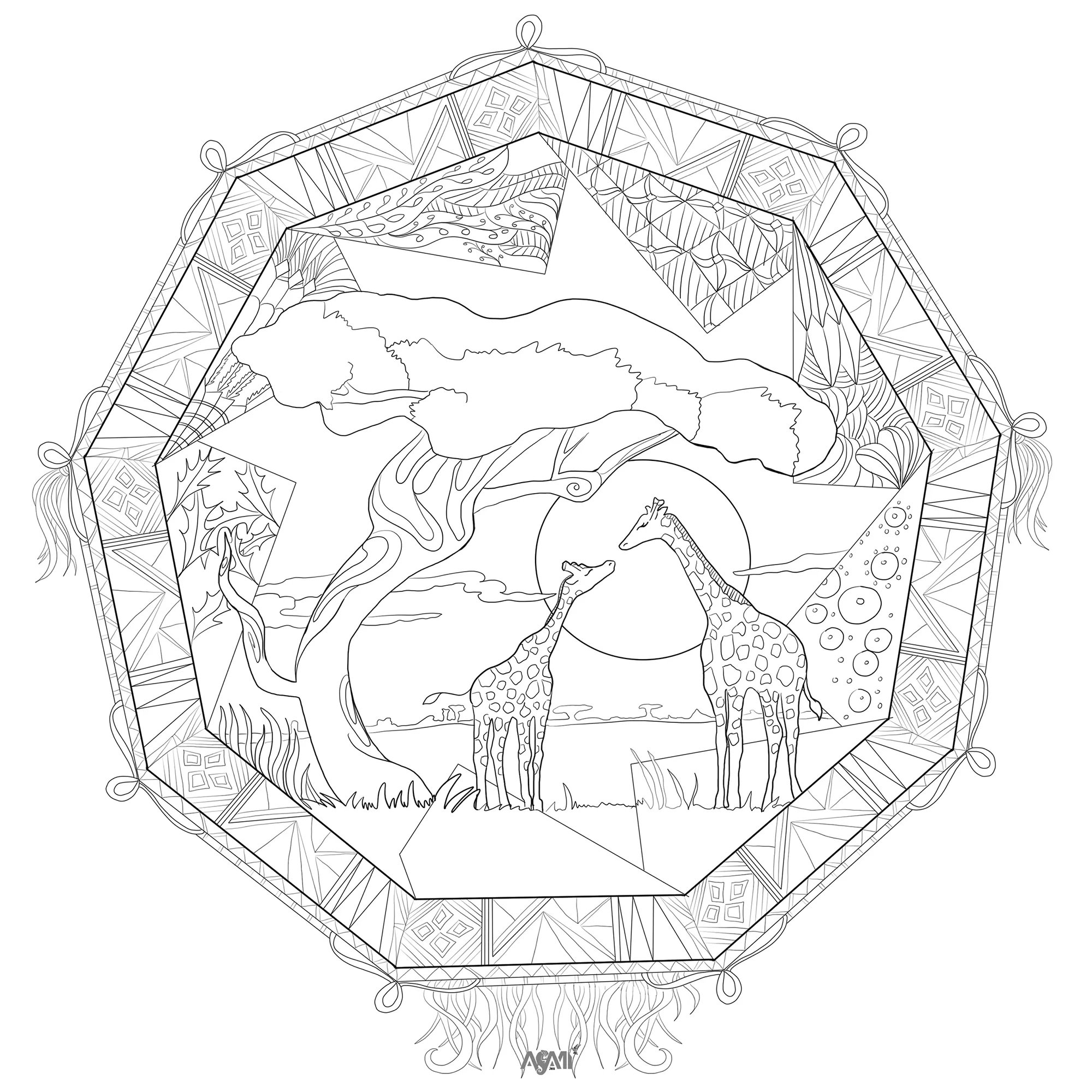 Mandala and giraffes (Printable Coloring Page for adults)