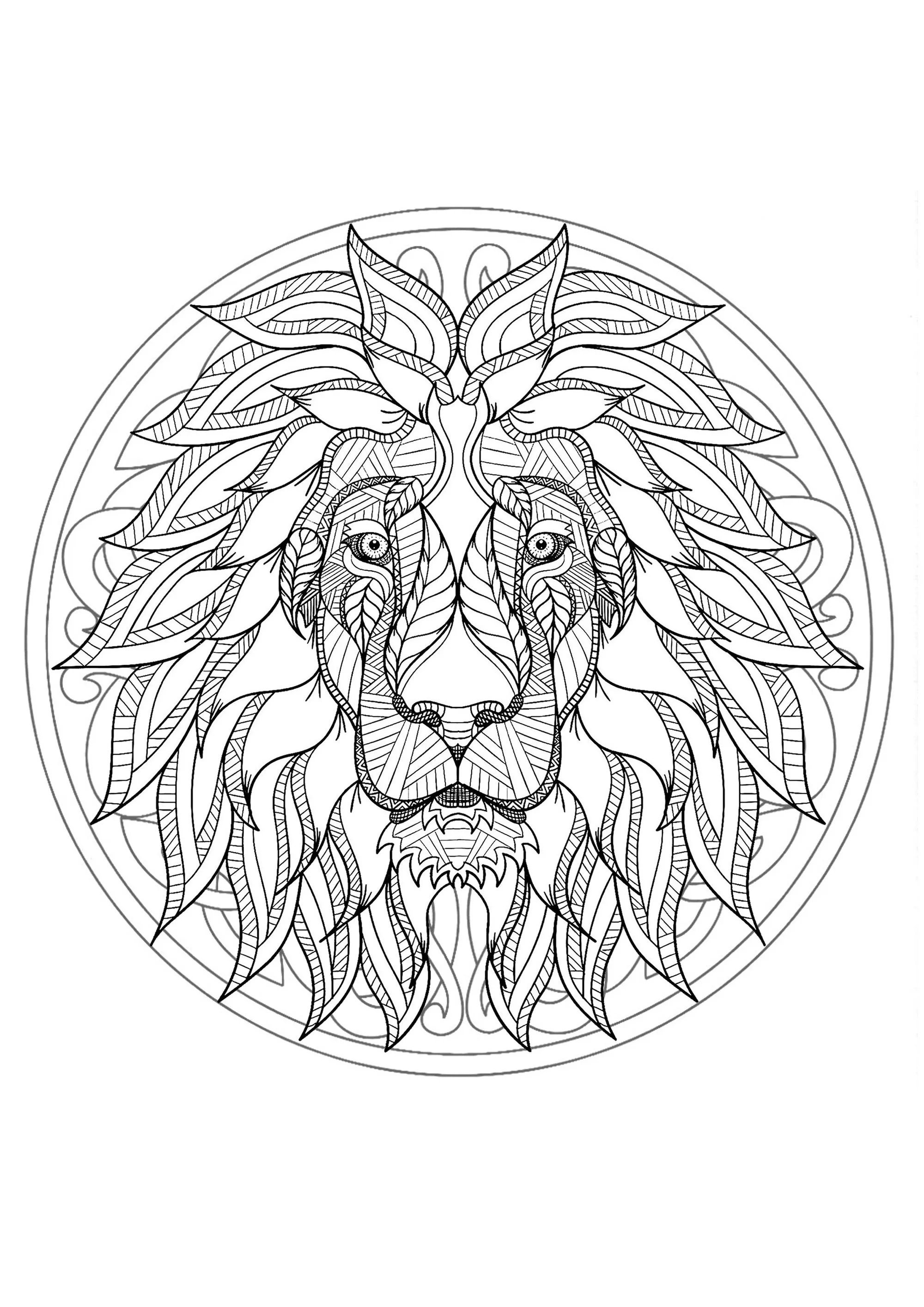Mandala with original Lion head and geometric patterns (Printable Coloring Page for adults)