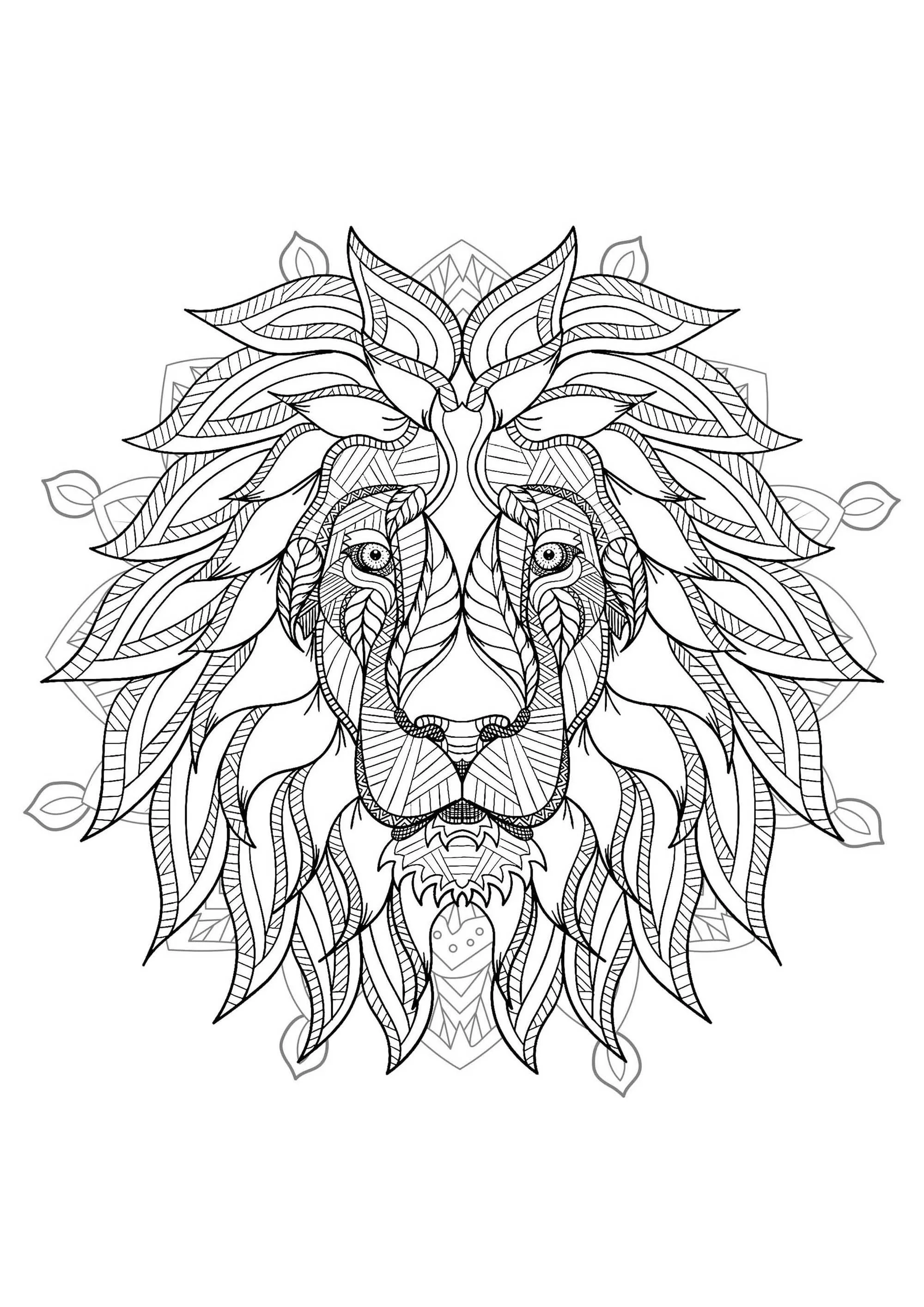 Lion's head in a Mandala (Printable Coloring Page for adults)