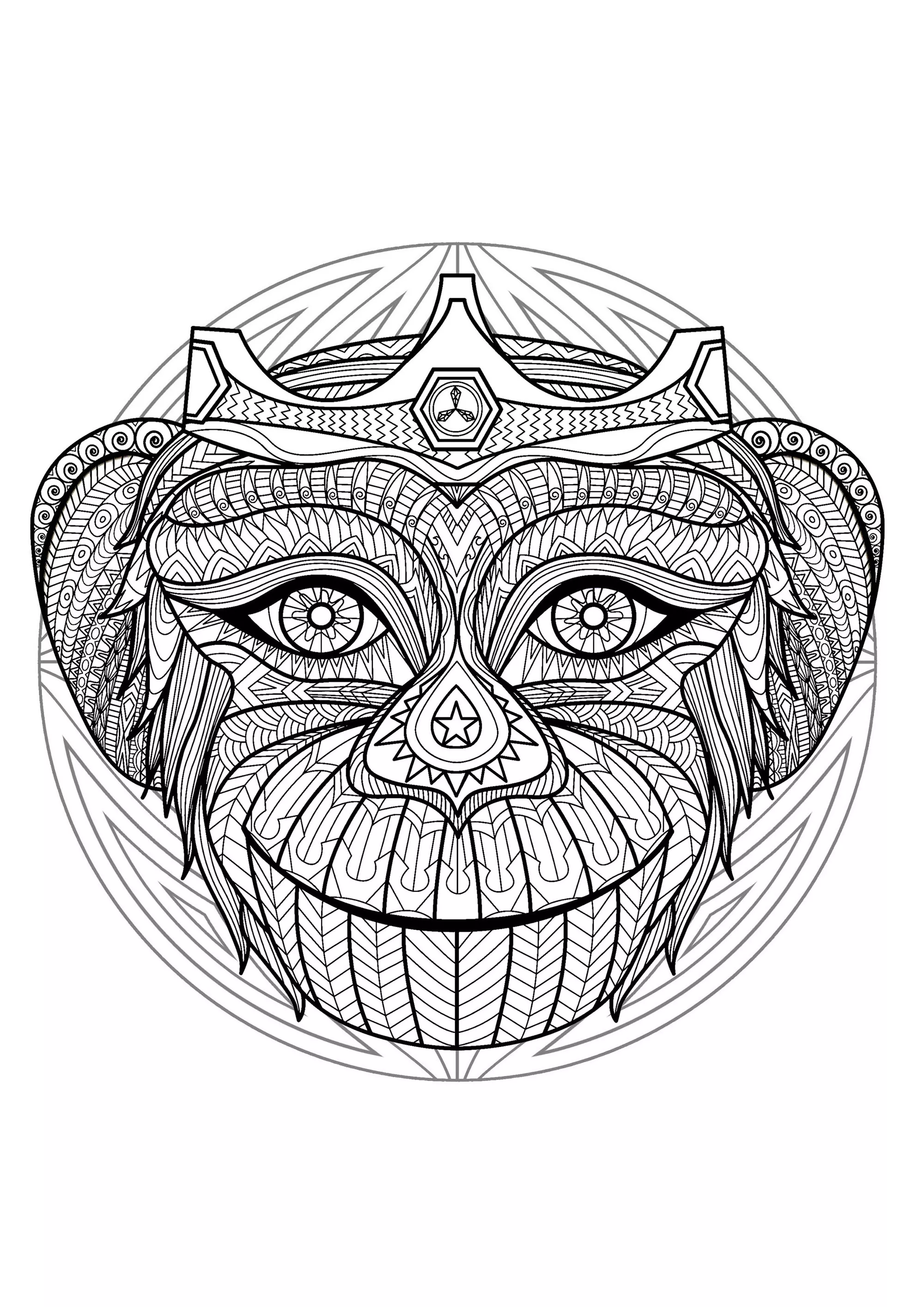 Mandala with beautiful Monkey head and geometric patterns (Printable Coloring Page for adults)
