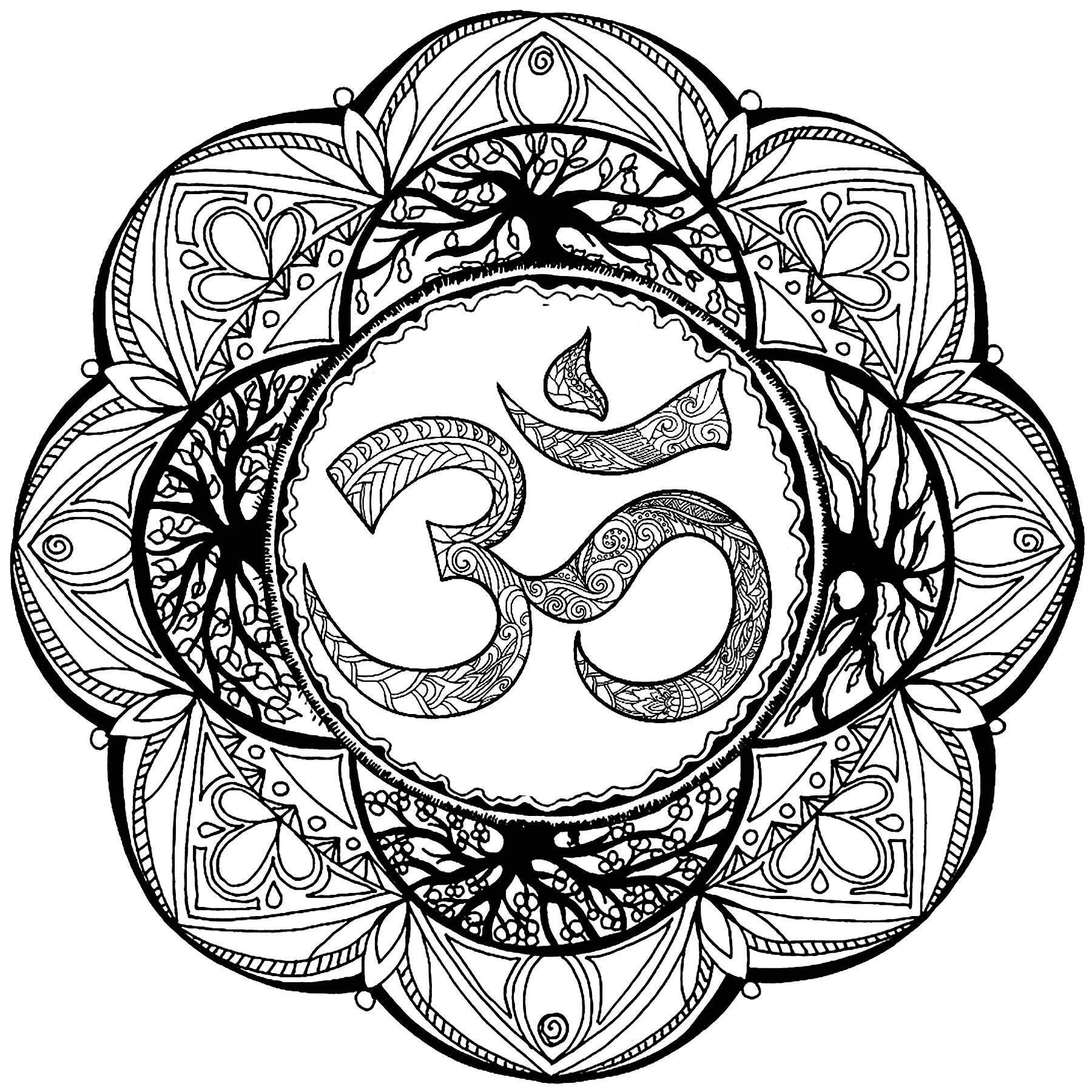 Om symbol in a complex Mandala Malas Adult Coloring Pages