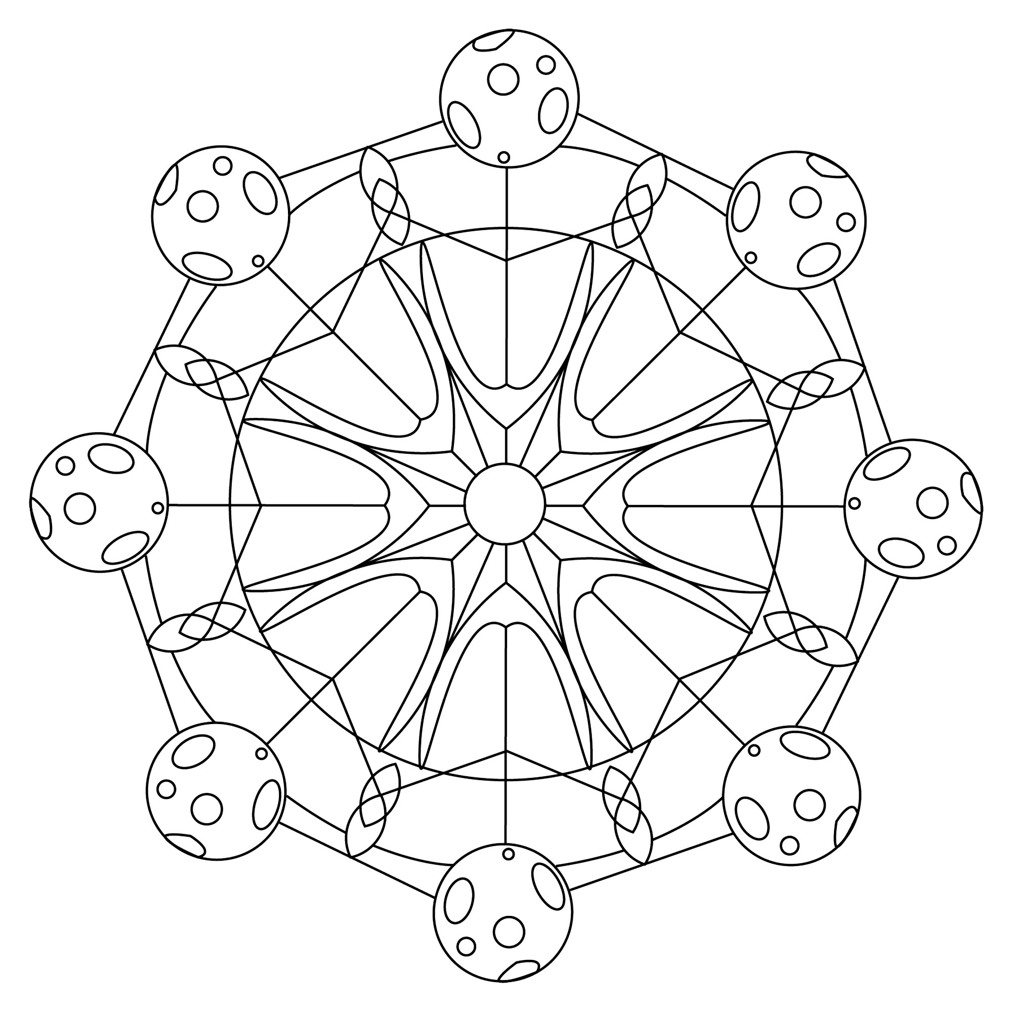 A beautiful mandala to color with in the center the sun, and in each ends : moons