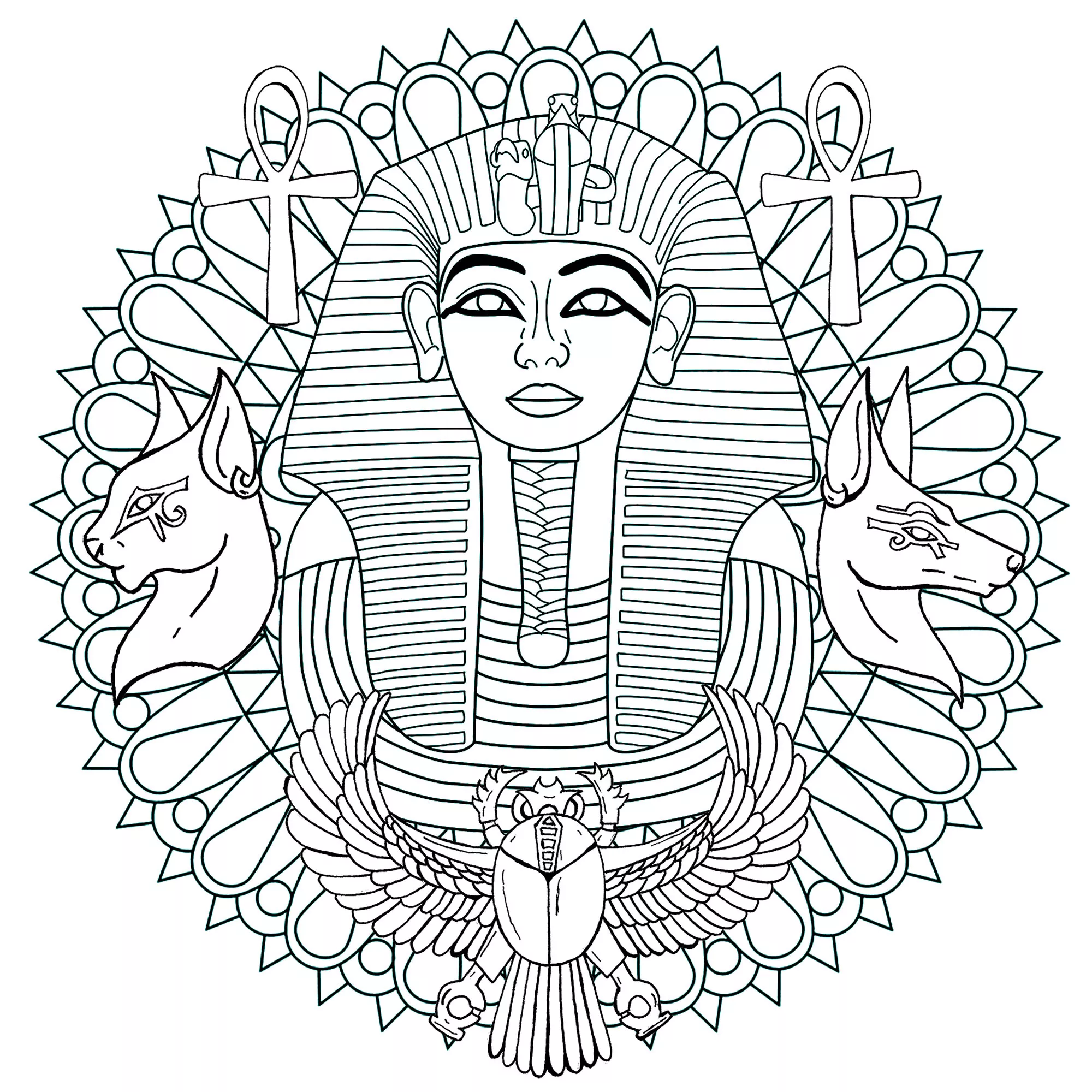 Tutankhamun Mandala (Printable Coloring Page for adults)