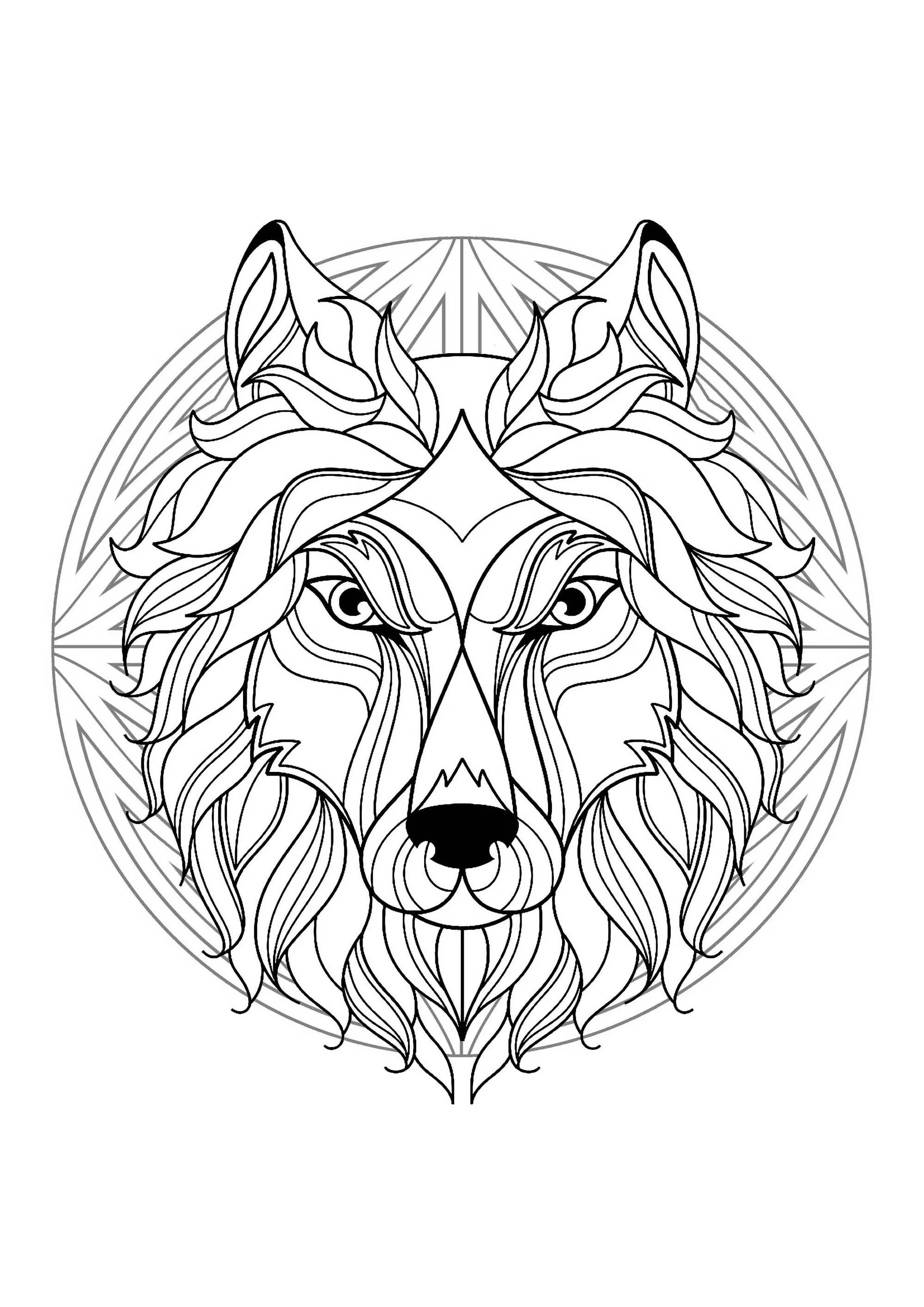 Mandala with elegant Wolf head and beautiful patterns (Printable Coloring Page for adults)