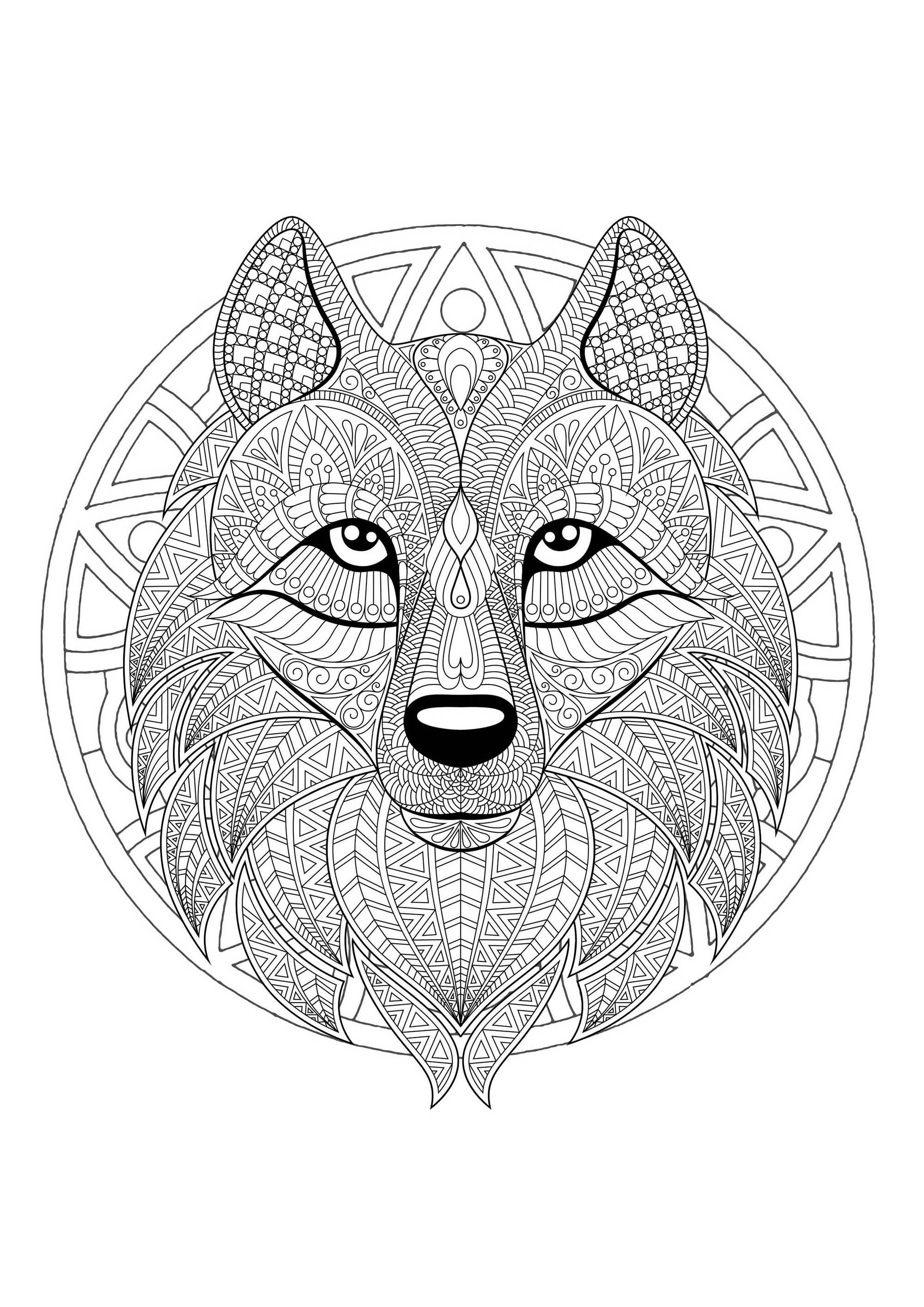 Mandala to color with patterns and incredible Wolf head