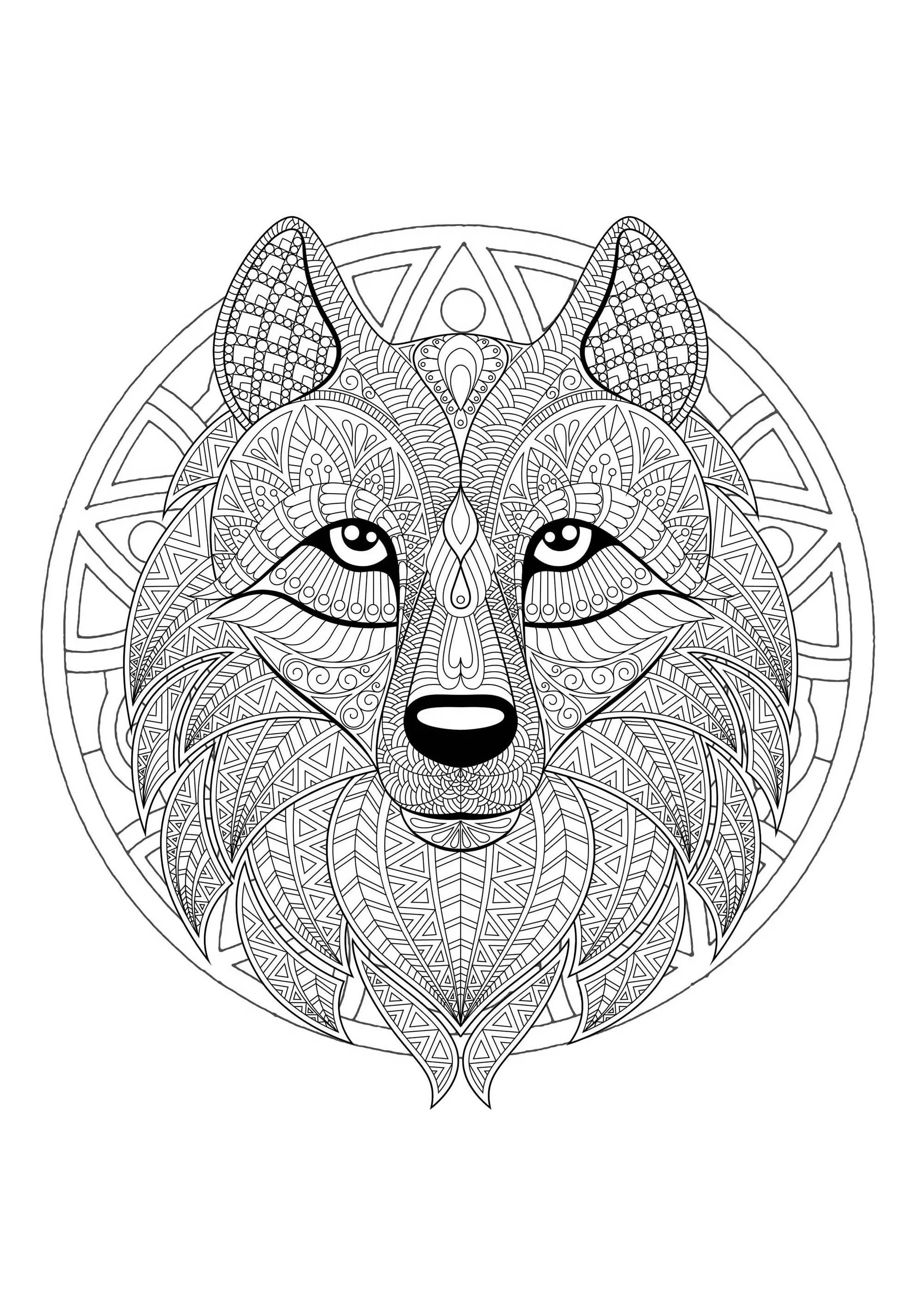 Mandala with geometric patterns and Wolf head full of complex details (Printable Coloring Page for adults)