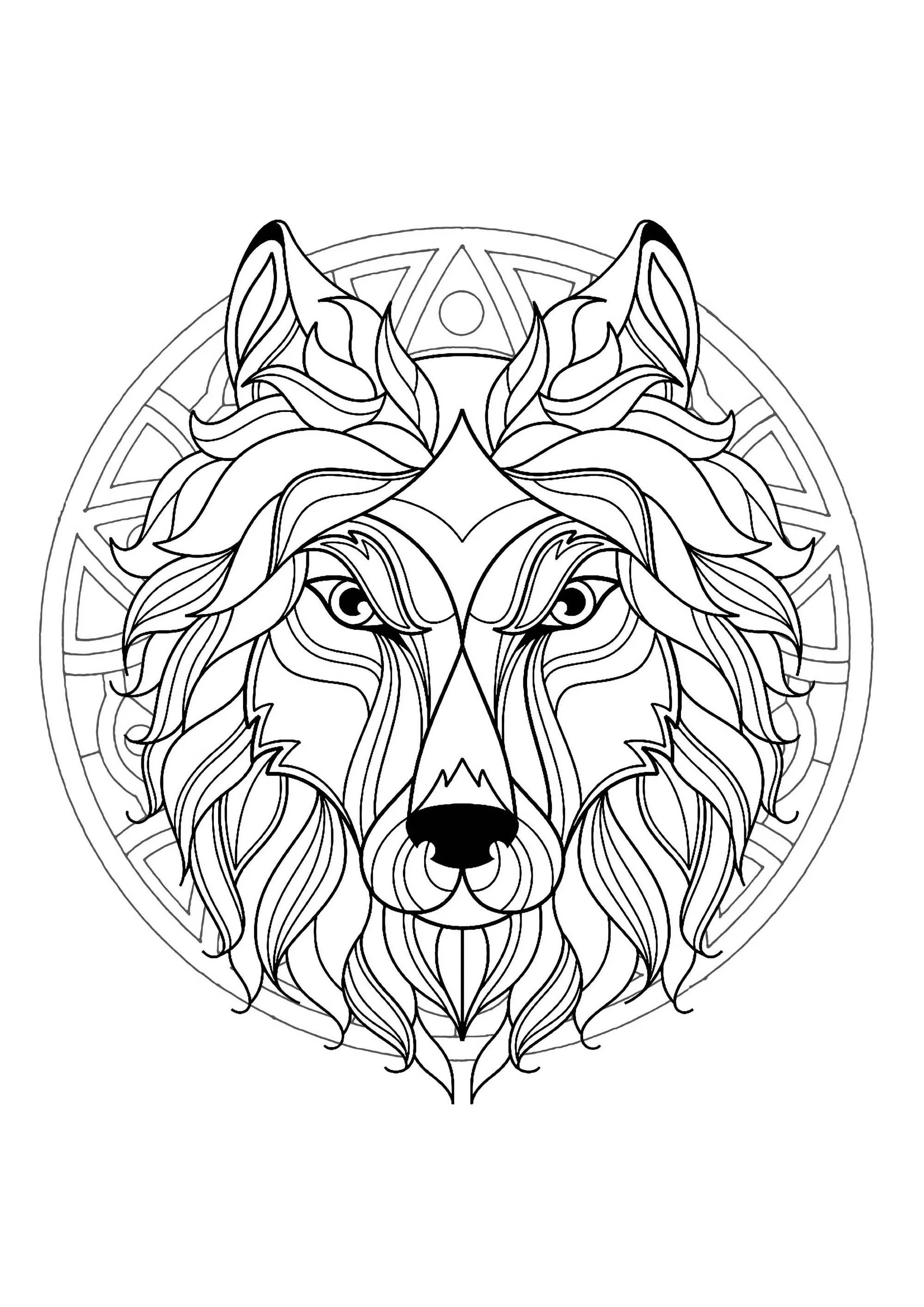 Mandala with beautiful Wolf head and superb geometric patterns (Printable Coloring Page for adults)