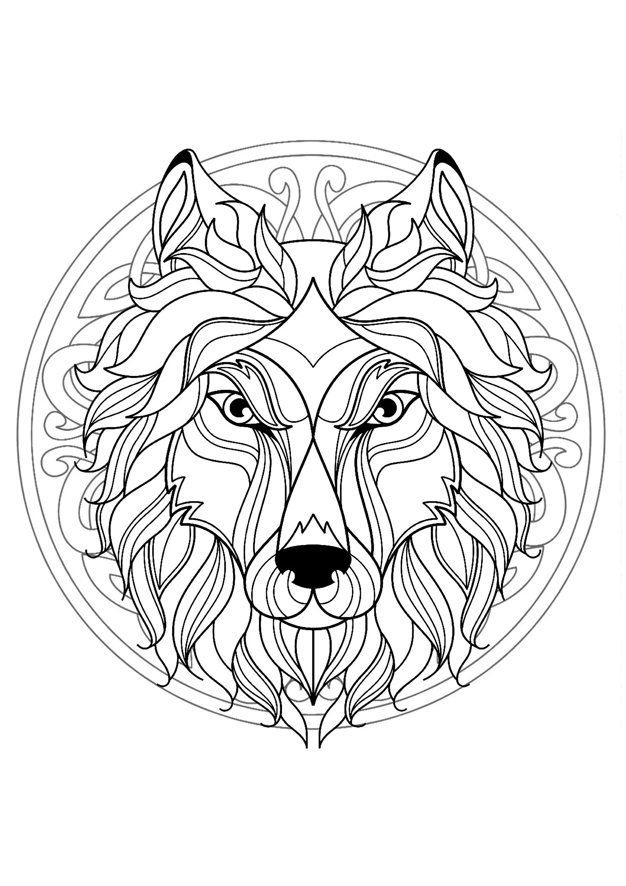 Mandala with beautiful Wolf head and interlaced patterns (Printable Coloring Page for adults)