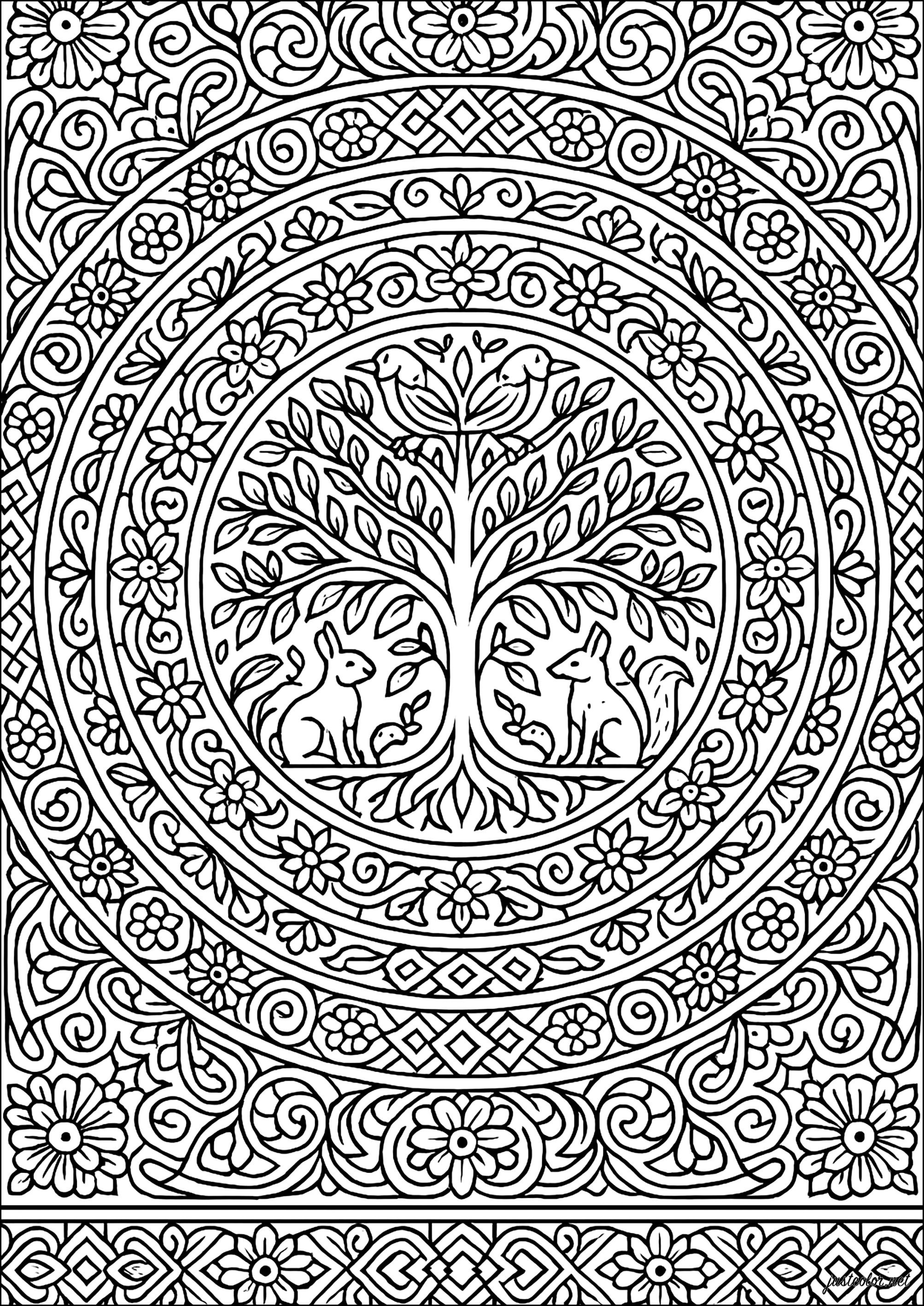 Tree of life surrounded by complex patterns (Printable Mandalas Coloring Page for adults)