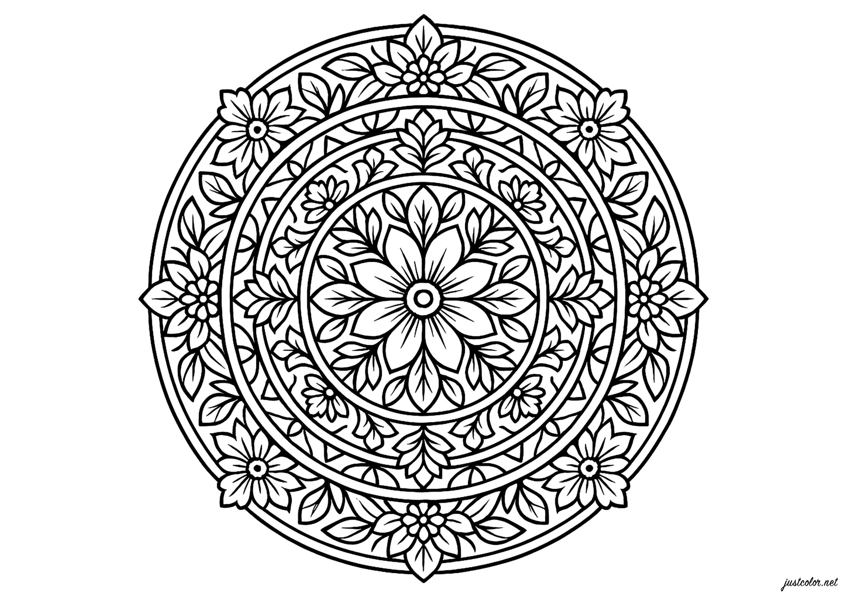 Floral symphony in circular motifs (Printable Mandalas Coloring Page for adults)
