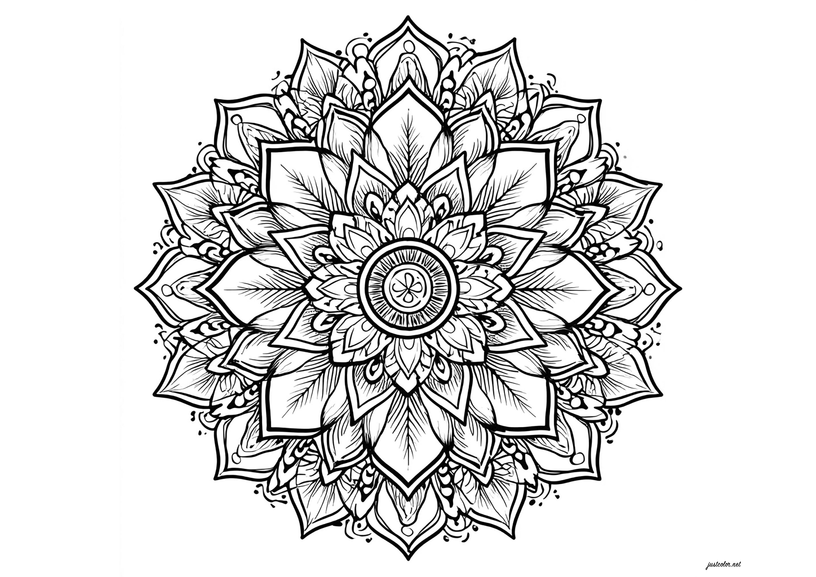 Complex mandala with leaves and petals (Printable Coloring Page for adults)