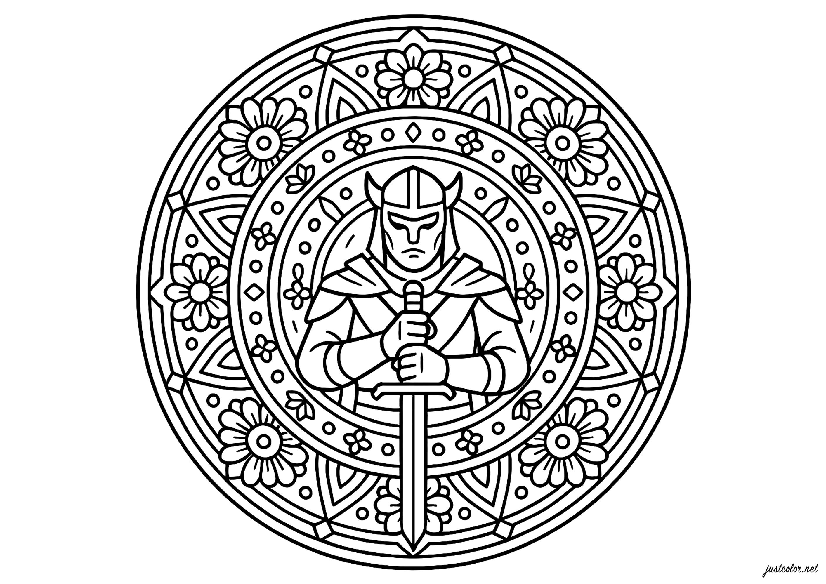Noble warrior and floral elements (Printable Mandalas Coloring Page for adults)