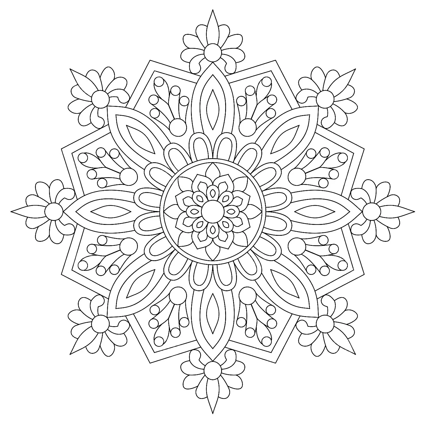 Pretty mandala, half-abstract, half-vegetal (Printable Coloring Page for adults)