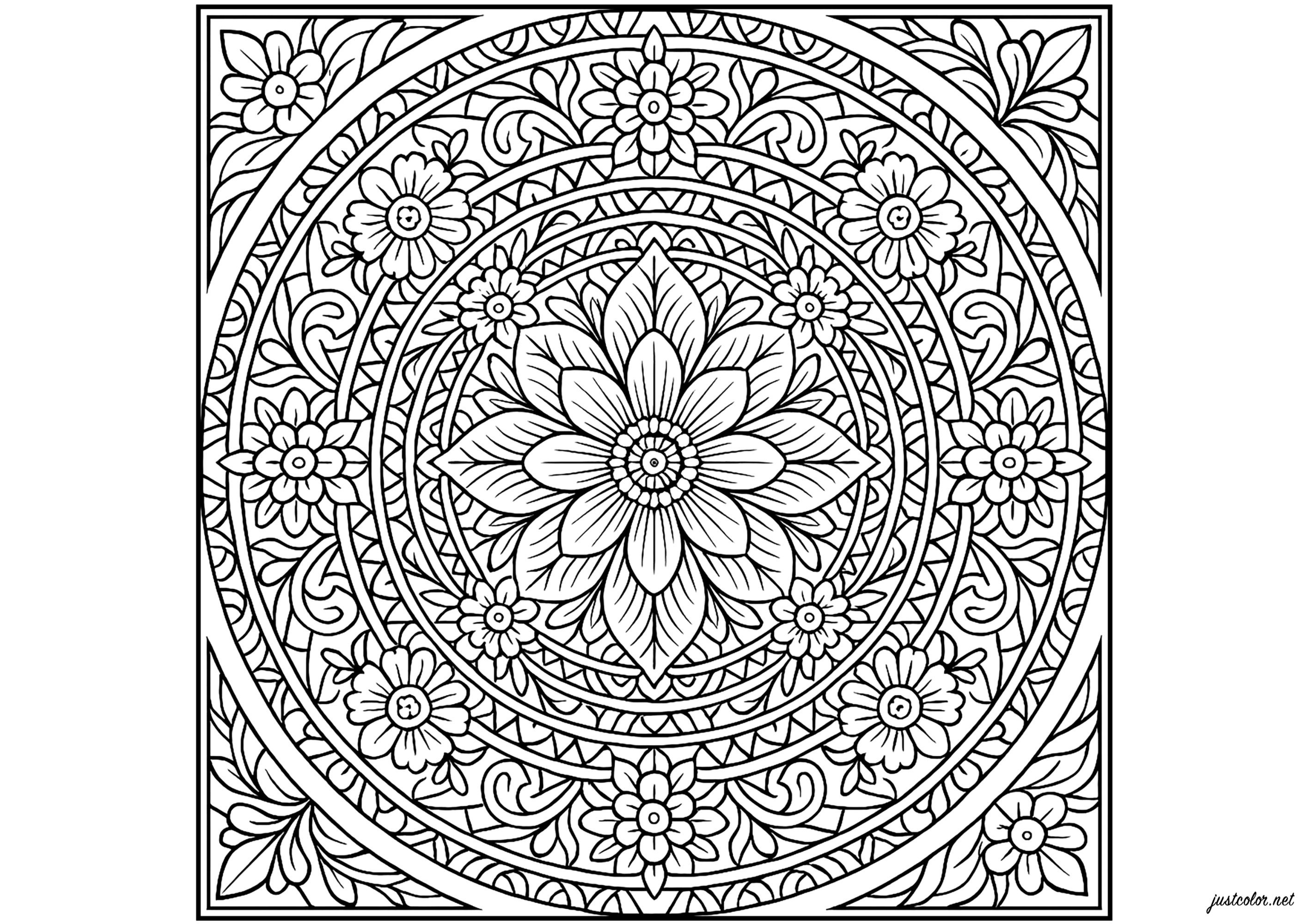 Complex Floral Mandala (Printable Coloring Page for adults)