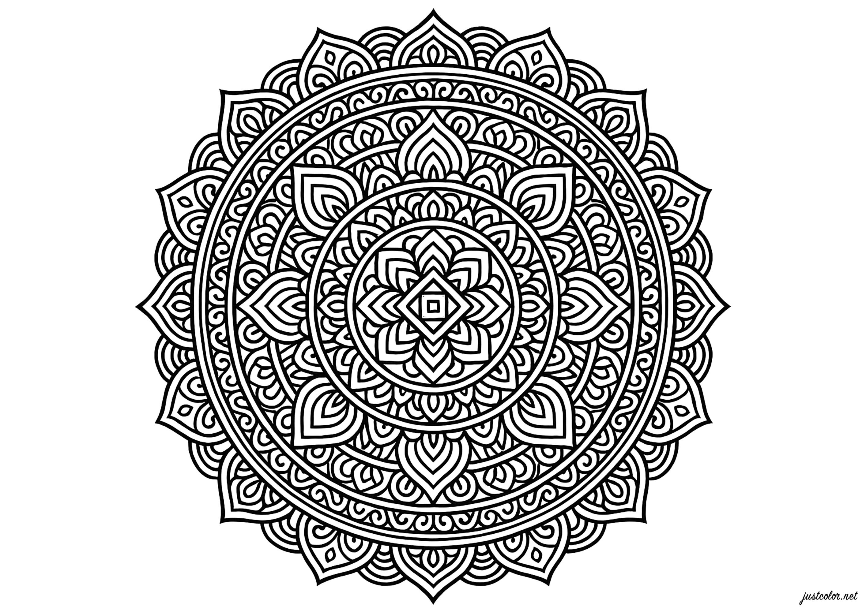 Mandala with complex geometric patterns (Printable Coloring Page for adults)