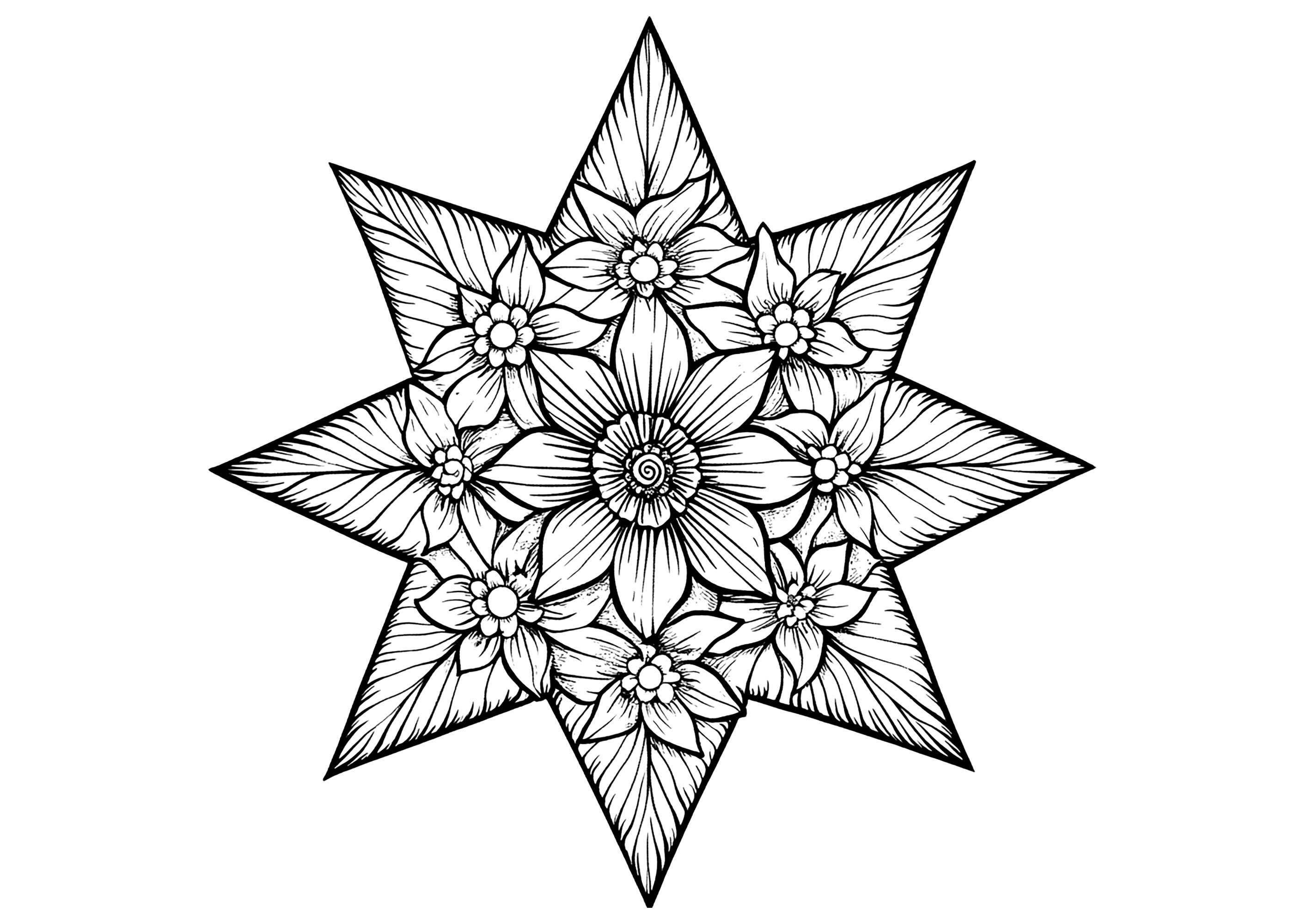 Radiant, complex floral star (Printable Mandalas Coloring Page for adults)