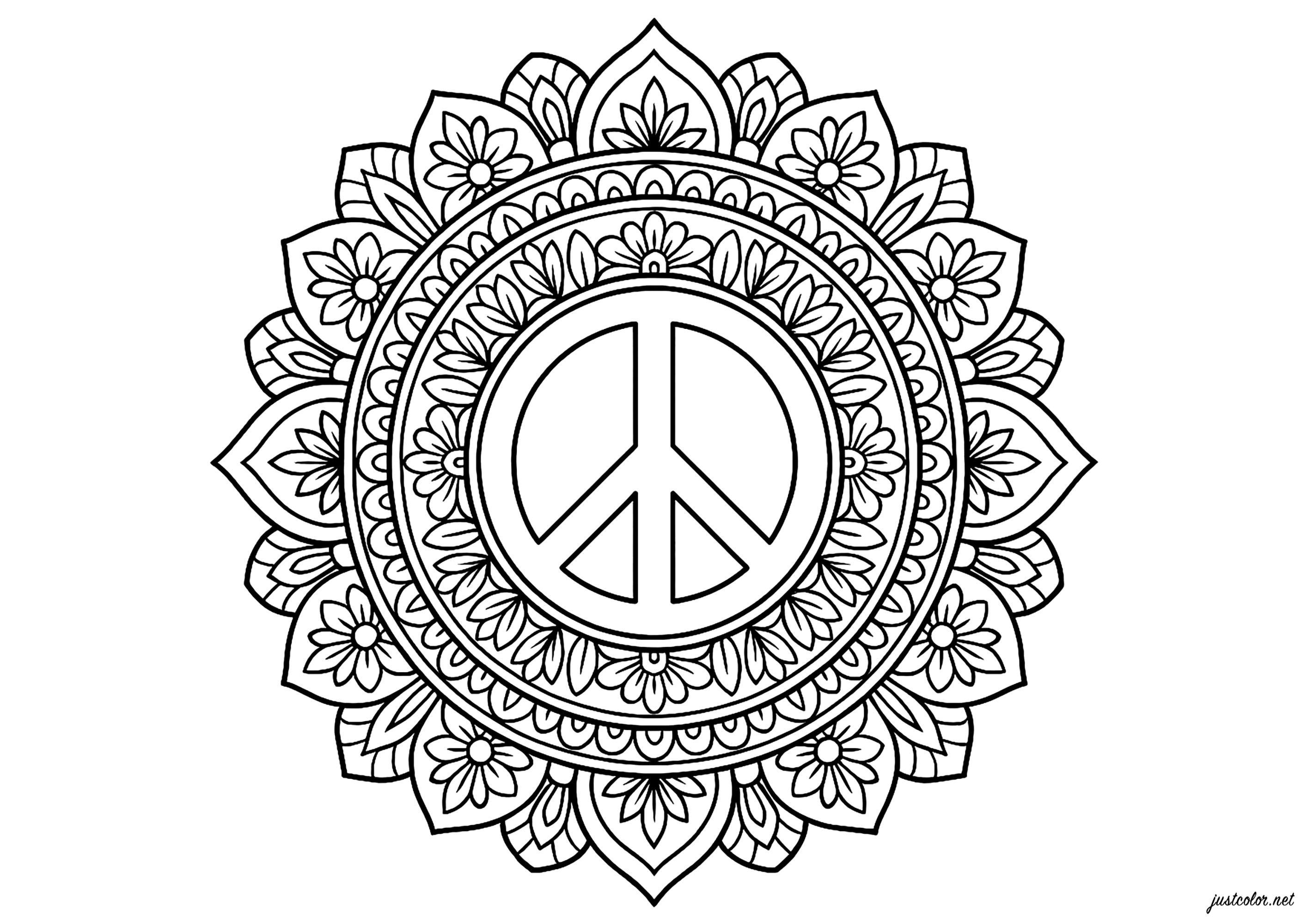 Symbol of peace surrounded by a beautiful mandala (Printable Coloring Page for adults)