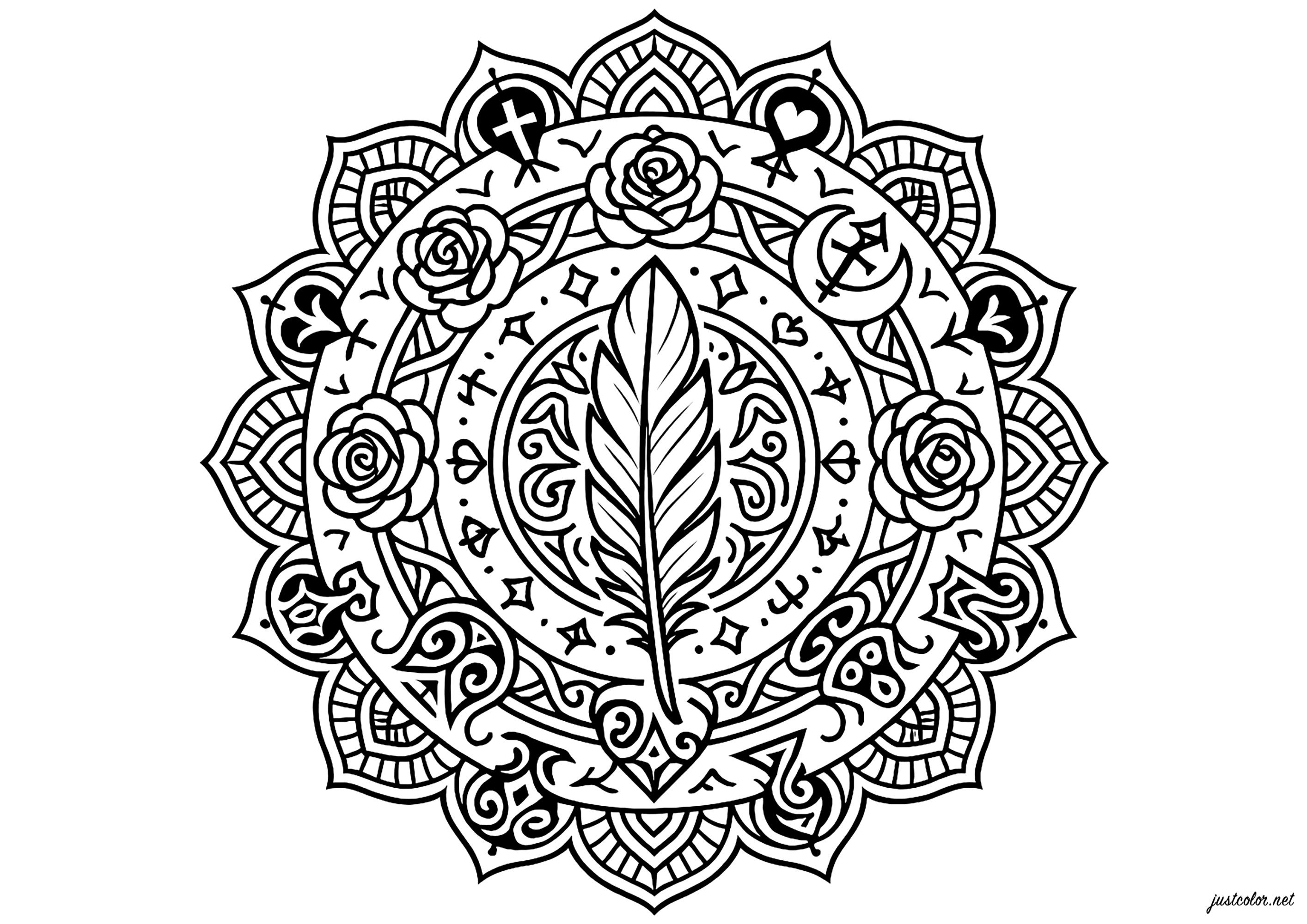 Mandala with esoteric tattoo (Printable Coloring Page for adults)