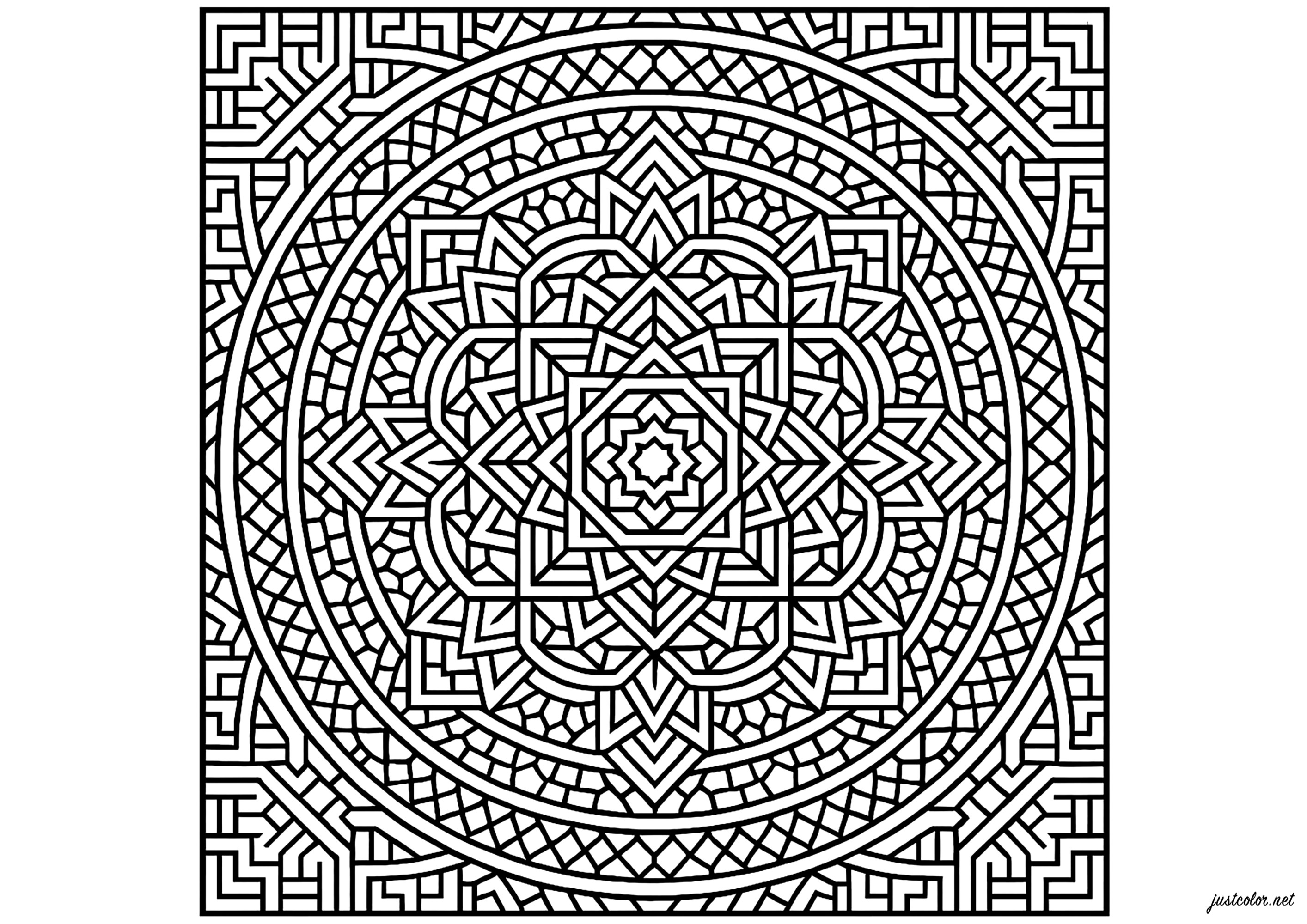 Complex and hypnotic geometric mandalas (Printable Coloring Page for adults)