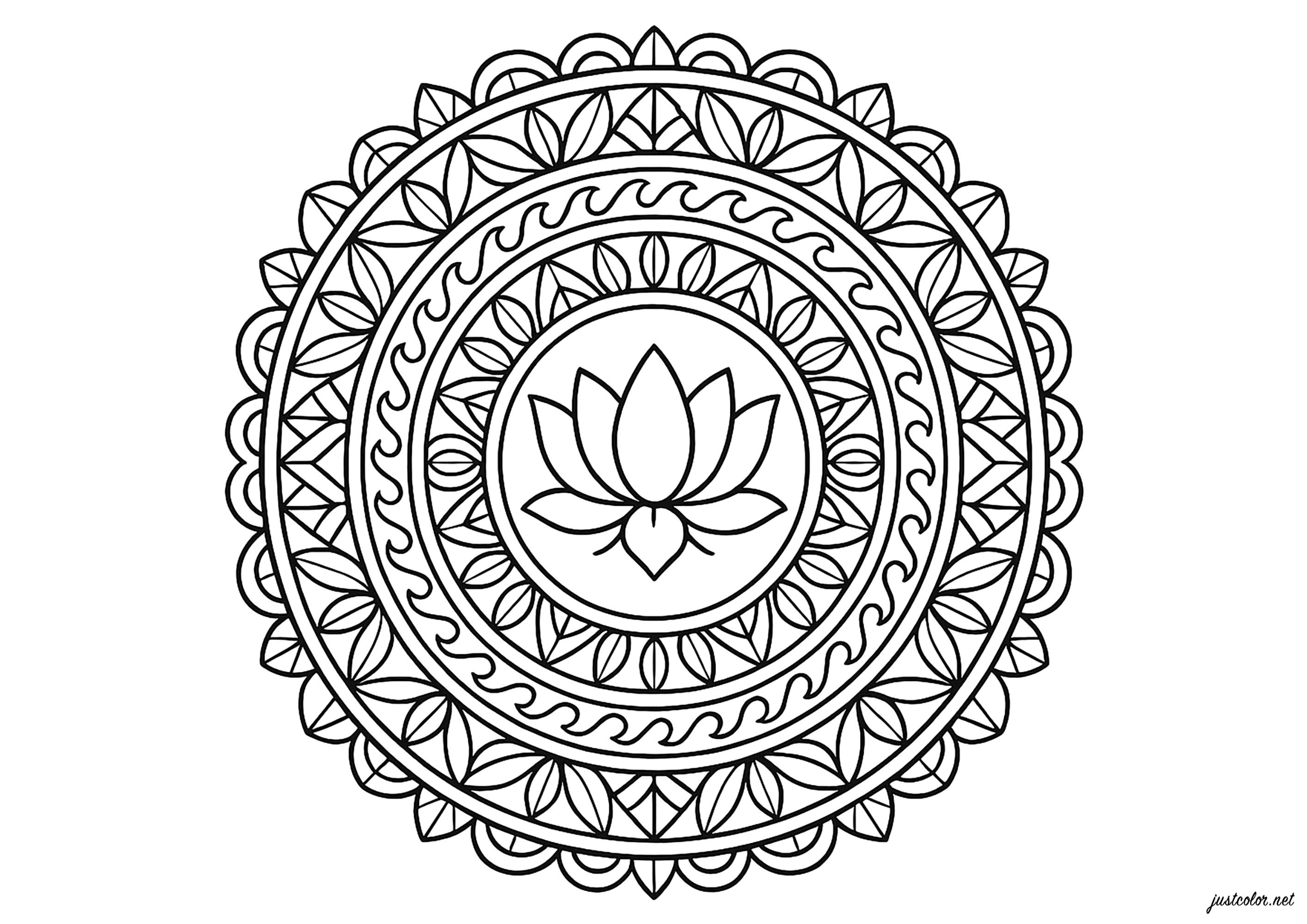 Floral mandala with lotus motif (Printable Coloring Page for adults)