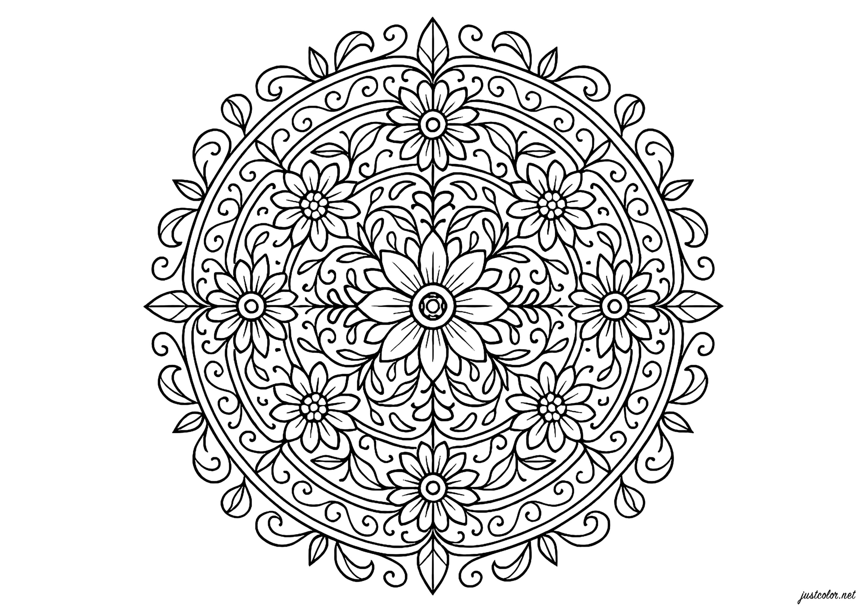 Floral symphony in circular motifs (Printable Mandalas Coloring Page for adults)