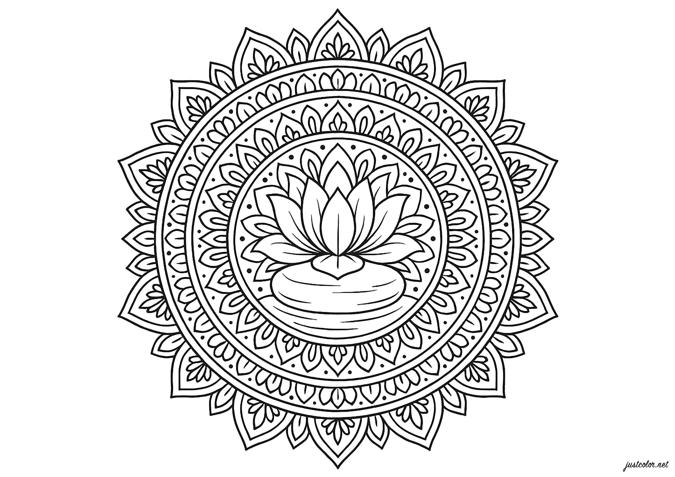 Zen Mandalas with Lotus Flower (Printable Coloring Page for adults)