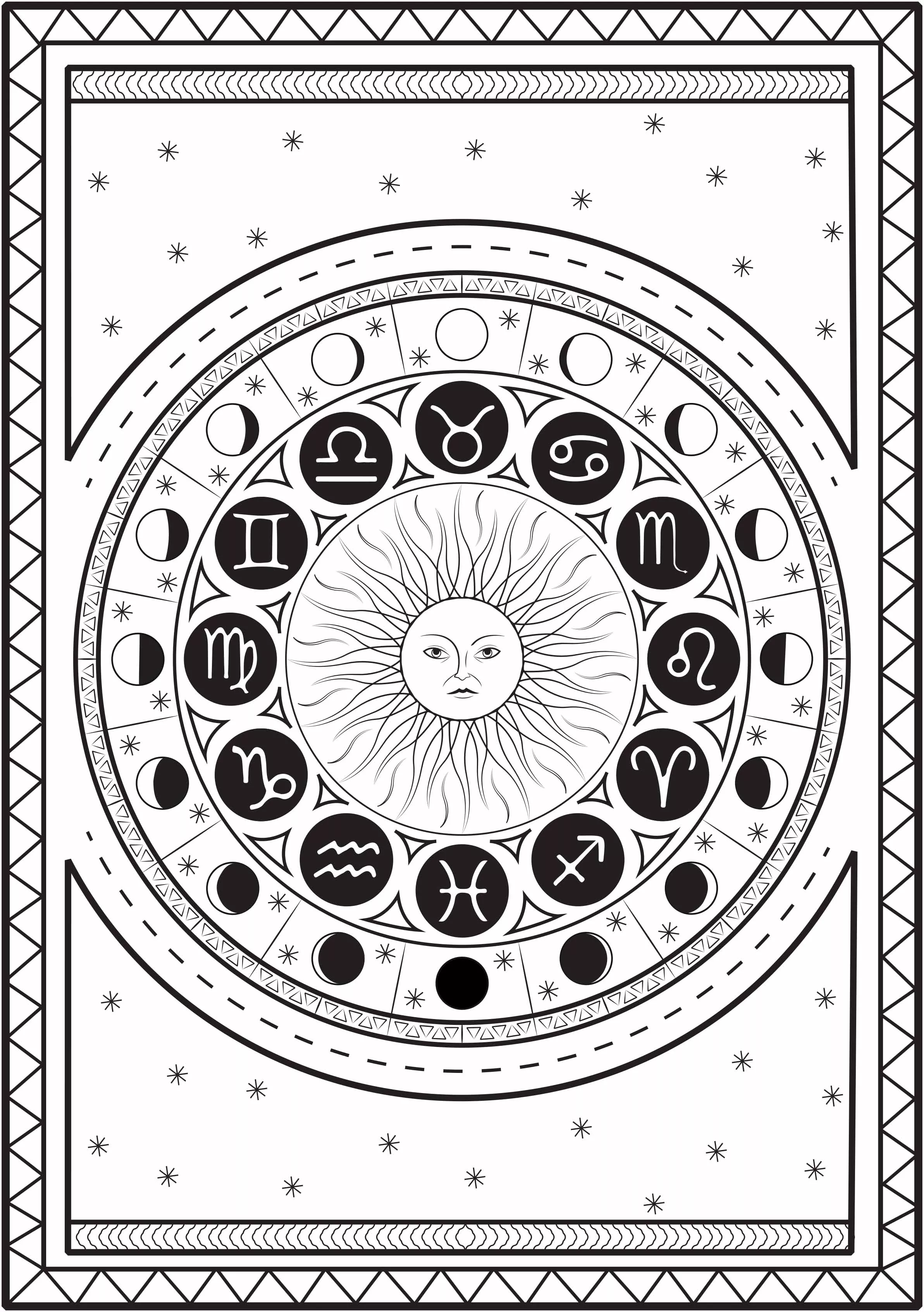 Astrological signs and moon cycle (Printable Mandalas Coloring Page for adults)