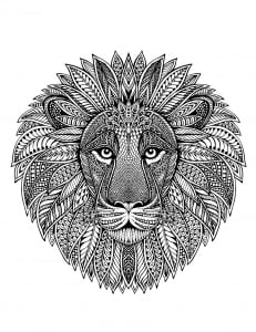 Mandala formed by a impressive Lion head (Coloring Page)