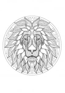 Mandala with incredible Lion head and geometric patterns (Coloring Page)