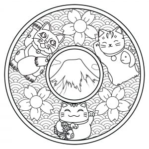 Mandala with three Maneki Neko (Coloring Page)