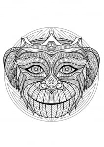 Mandala with beautiful Monkey head and geometric patterns (Coloring Page)